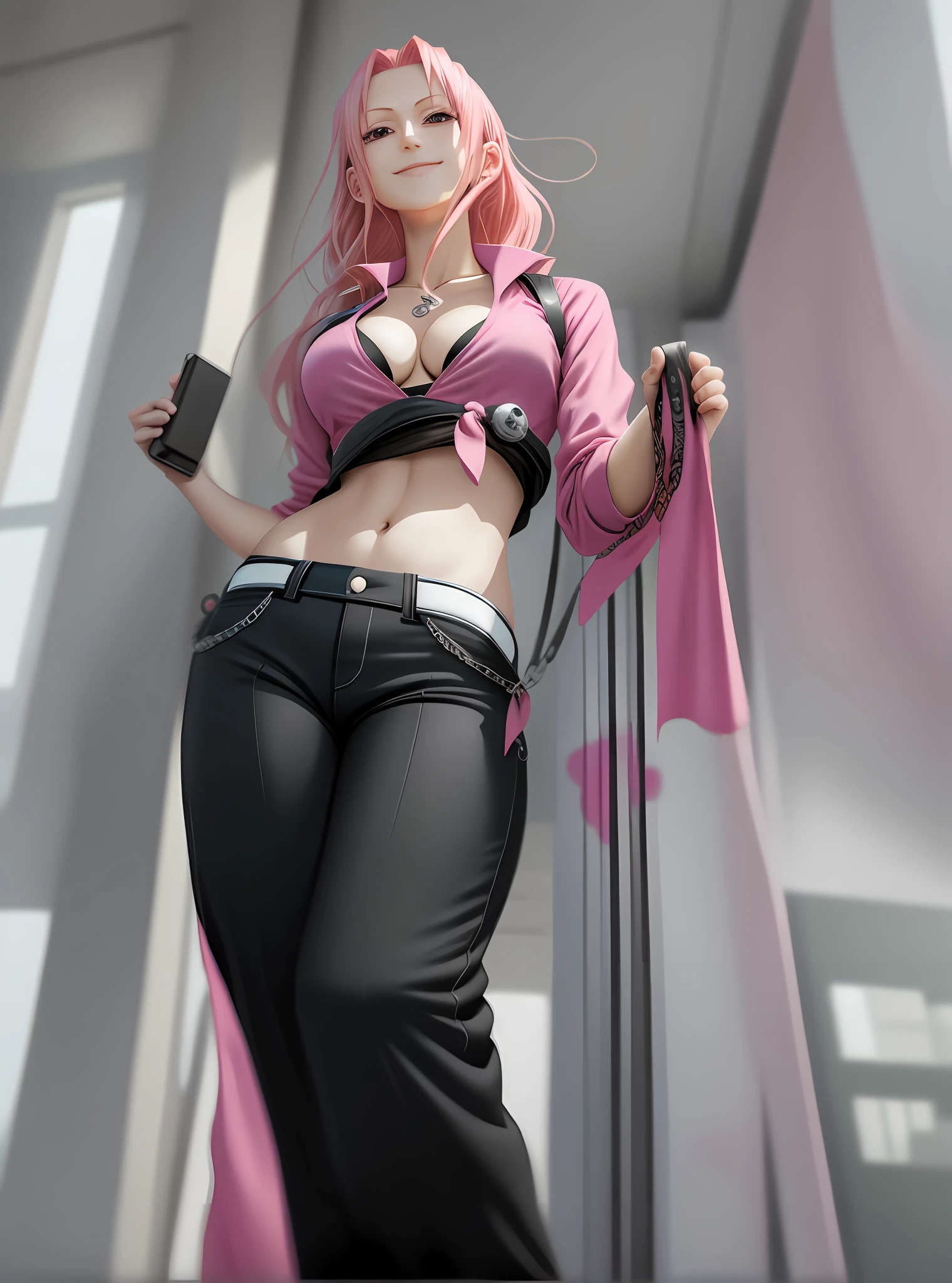 vinsmoke reiju from one piece, 1 girl only, she is standing and wearing long pants, midriff exposed One piece characters, full body, 4k resolution, very detailed, proporsional body, she is wearing casual clothes, modern style, casual, pink medium hair, smile face