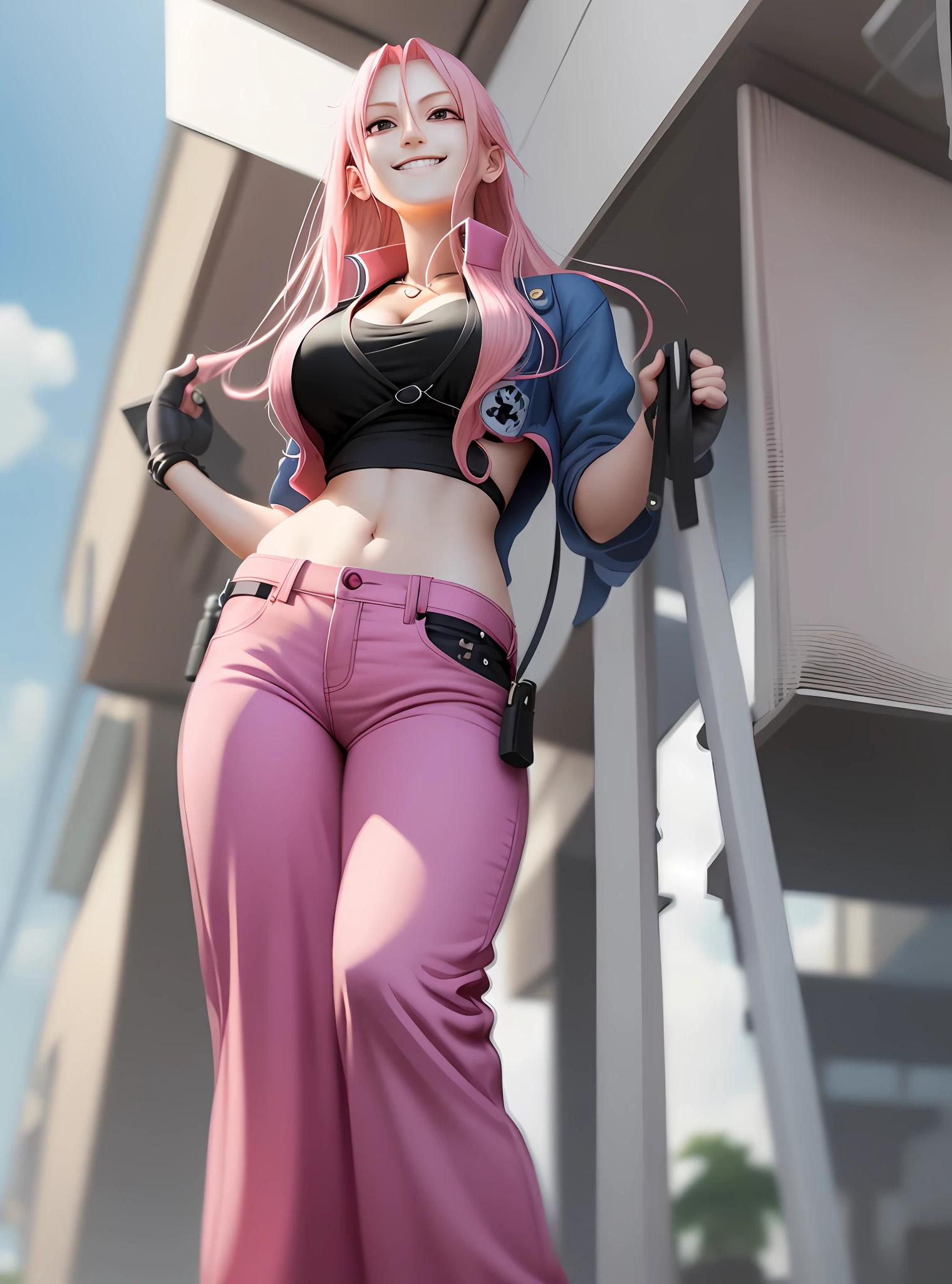 vinsmoke reiju from one piece, 1 girl only, she is standing and wearing long pants, midriff exposed One piece characters, full body, 4k resolution, very detailed, proporsional body, she is wearing casual clothes, modern style, casual, pink medium hair, smile face