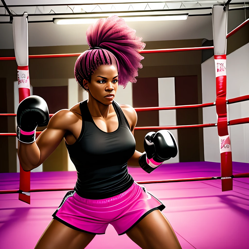 Empowered black woman fighter training boxing in the gym in punching bags, pink and black colors, upscale, 8k, HDR, focus --auto --s2