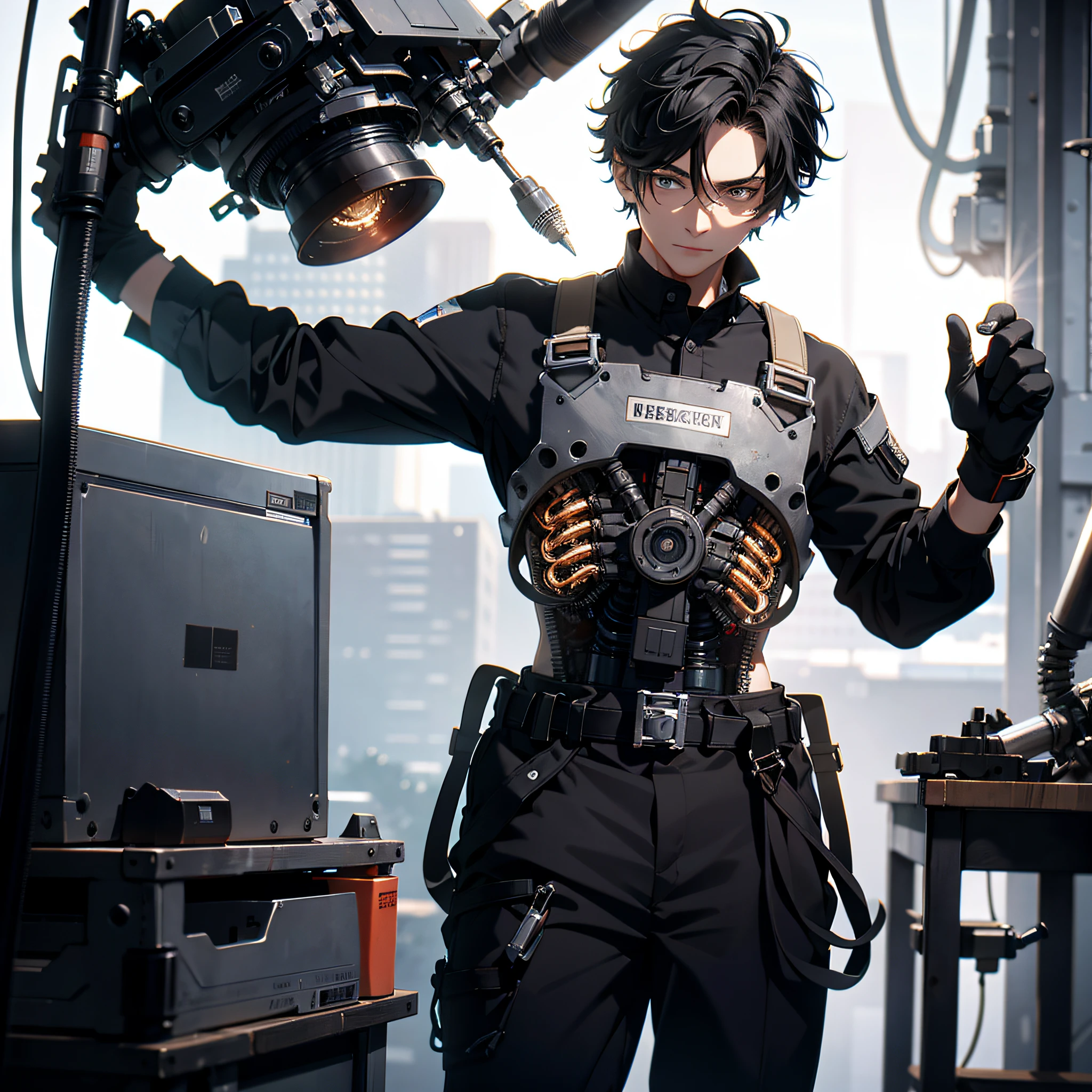 Absurd resolution, high resolution, (masterpiece: 1.4), hyper-detail, young man messy short black hair, welder dressed up, factory high-tech workbench operation, tech-sense screen, high-tech robotic arm, operation