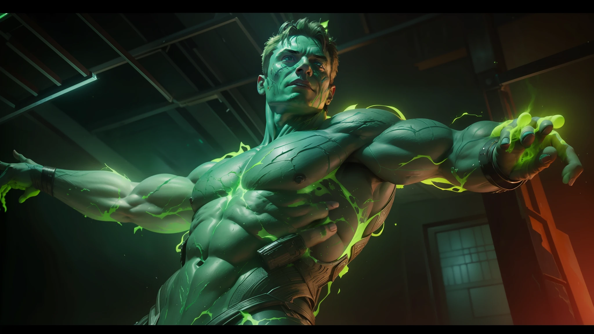 a close up of a person with a glowing body and arms, guardians of the galaxy-style 4k, elon musk as the incredible hulk, highly detailed vfx scene, still from marvel movie, green glowing cracks on face, houdini vfx, green skinned, highly detailed vfx, still from the avengers, film still from 'thor', starring in thor ragnarok film --auto --s2