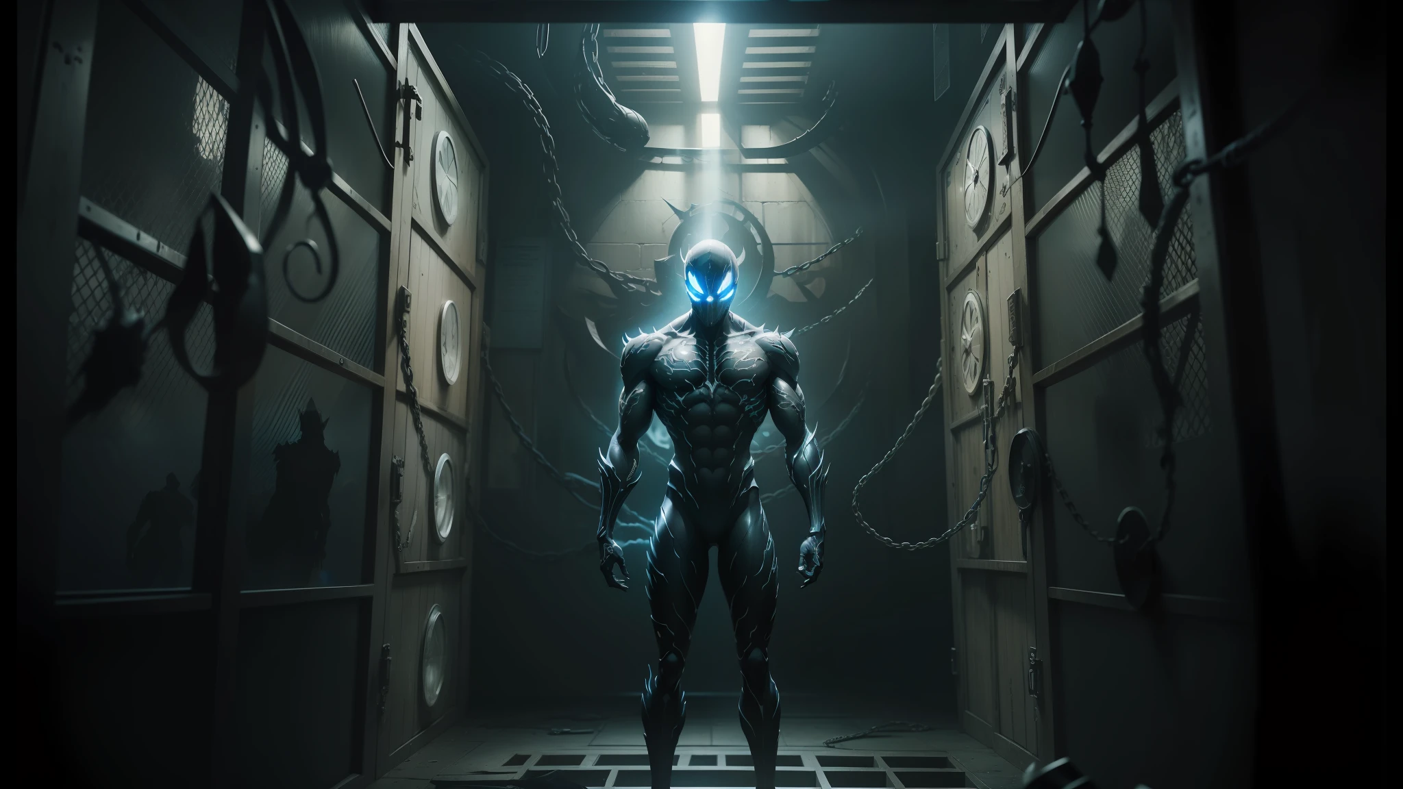 arafed man standing in a jail cell with a light shining through the window, symbiote, venom symbiote, nekro, ultra detailed symbolism, vfx, promotional images, cgsociety 9, still from alita, nekro iii, venom, cgi art, japanese cgi, japanese vfx, from netflix's arcane, nekro xiii --auto --s2