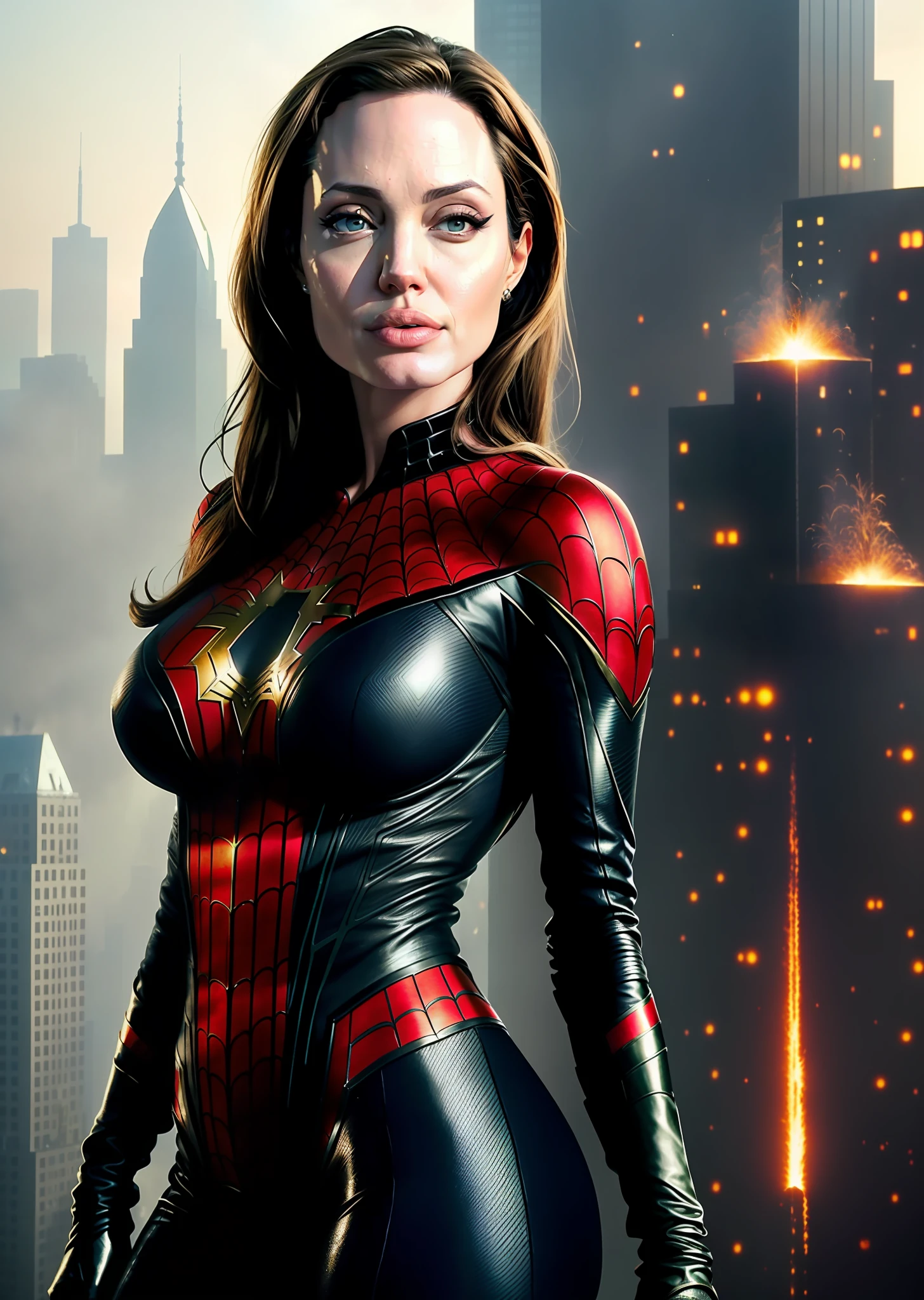 Angelina Jolie in detailed brown Spider-Man costume, big breasts, superhero pose, standing on skyscraper, hyperdetailed, smoke, sparks, sunbeams, (8k), realistic, symmetrical, award-winning, heavy fog, soaked, film, 75mm, scratches, full body shot, close-up, torn and dirty clothes, detailed face,