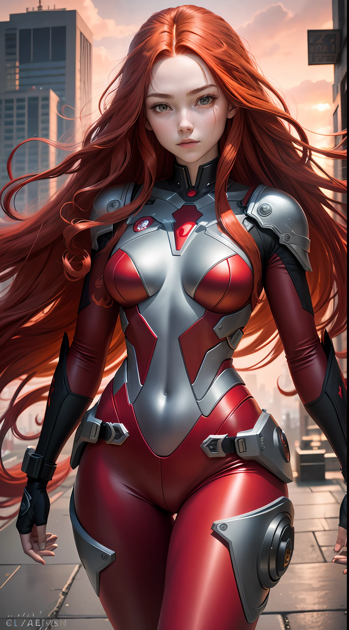 18-year-old girl, upper body, close-up, crimson witch suit, long pants, (((long red hair))), floating hair, beautiful face, lightning, city of night, masterpiece, exquisite details, perfect anatomy