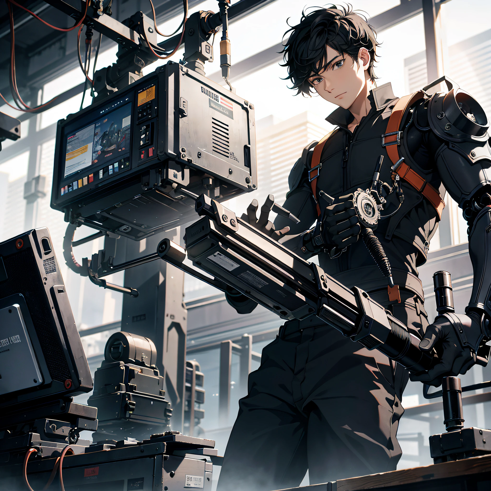 Absurd resolution, high resolution, (masterpiece: 1.4), hyper-detail, young man messy short black hair, welder dressed up, factory high-tech workbench operation, tech-sense screen, high-tech robotic arm, operation