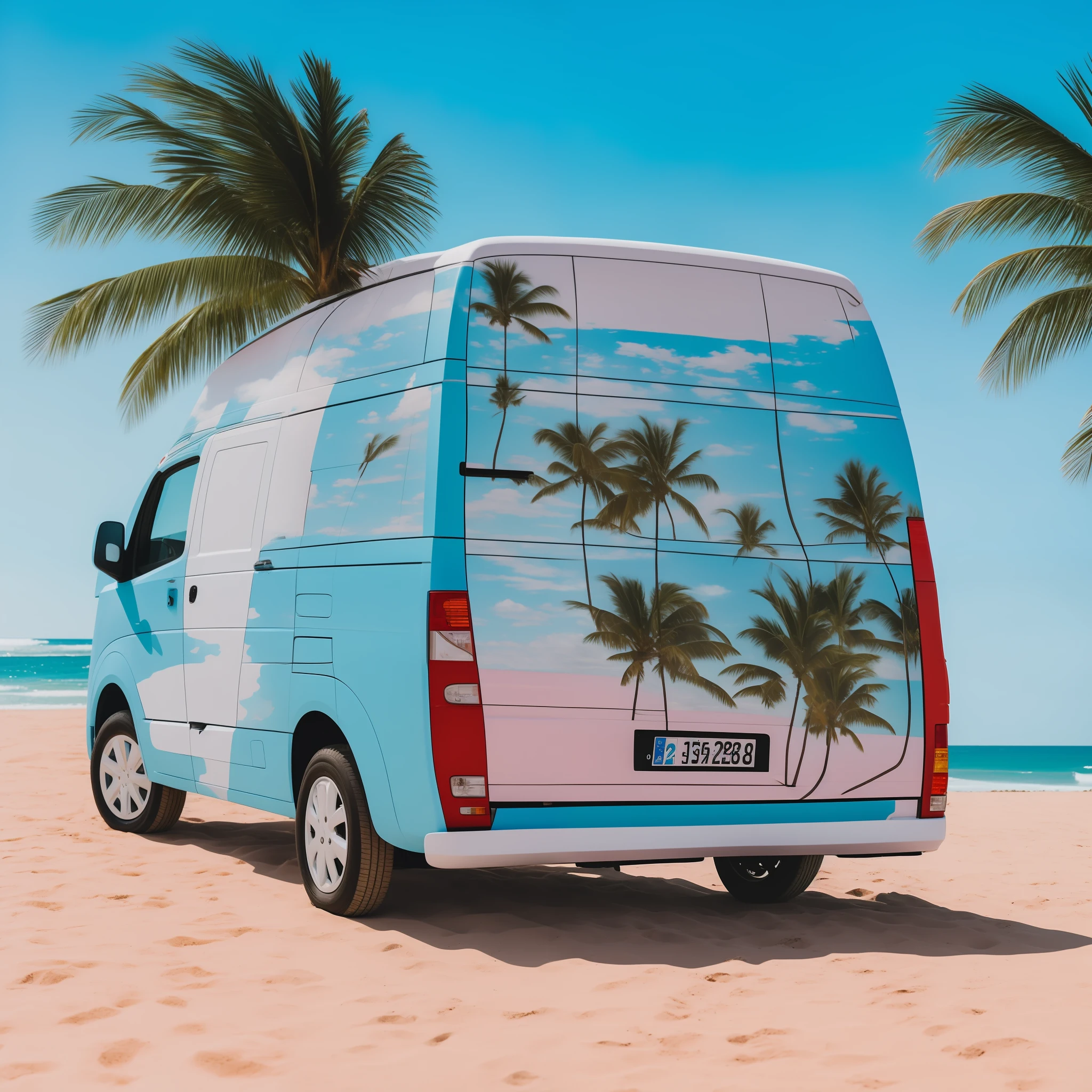 A wagen van is driving on the beach, the car paint is mainly white and pink, and the side of the wagen van is pop art in the style of ligneclaire, depicting palm trees, airplanes, beach umbrellas and deck chairs and tables on the seaside