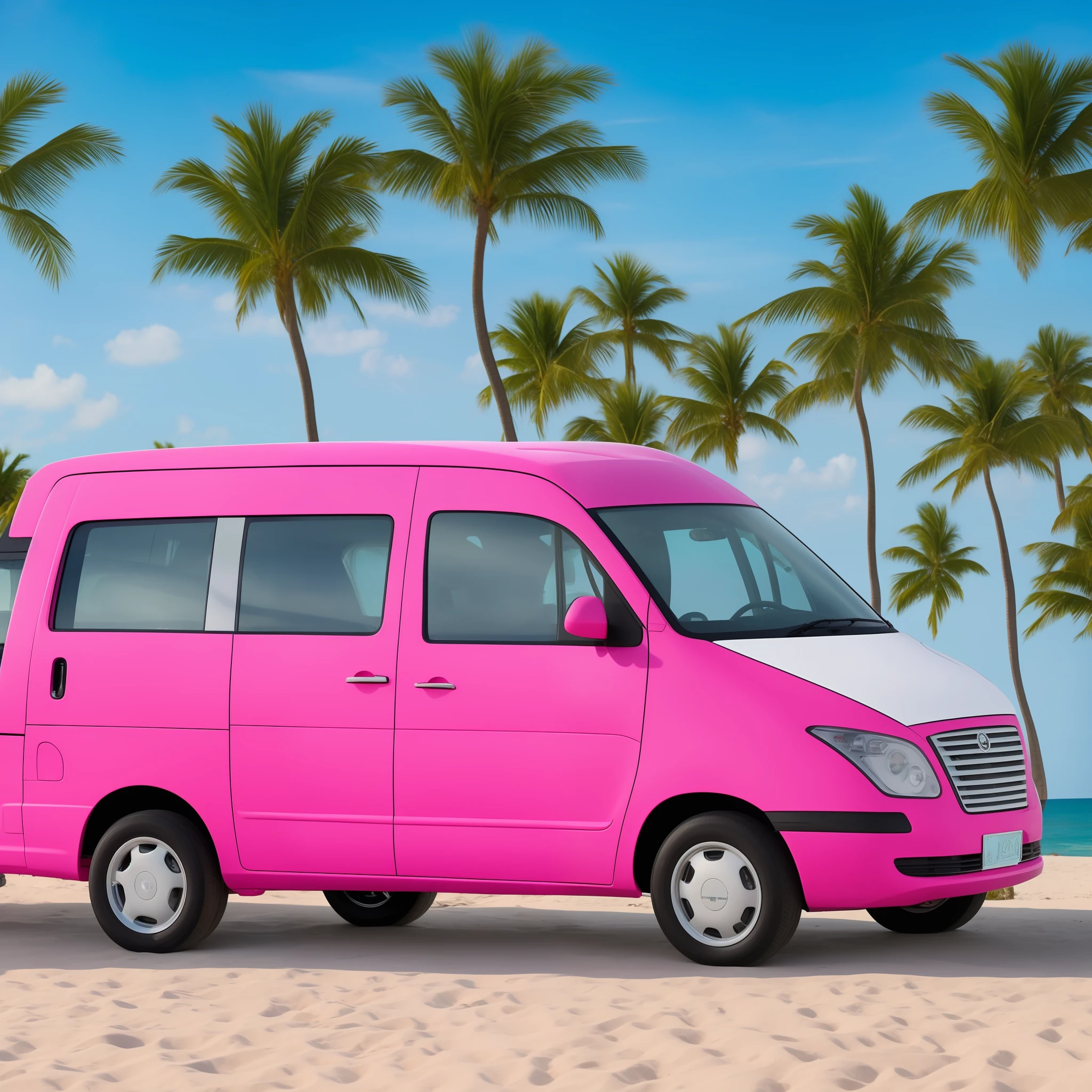 A wagen van is driving on the beach, the car paint is mainly white and pink, and the side of the wagen van is pop art in the style of ligneclaire, depicting palm trees, airplanes, beach umbrellas and deck chairs and tables on the seaside