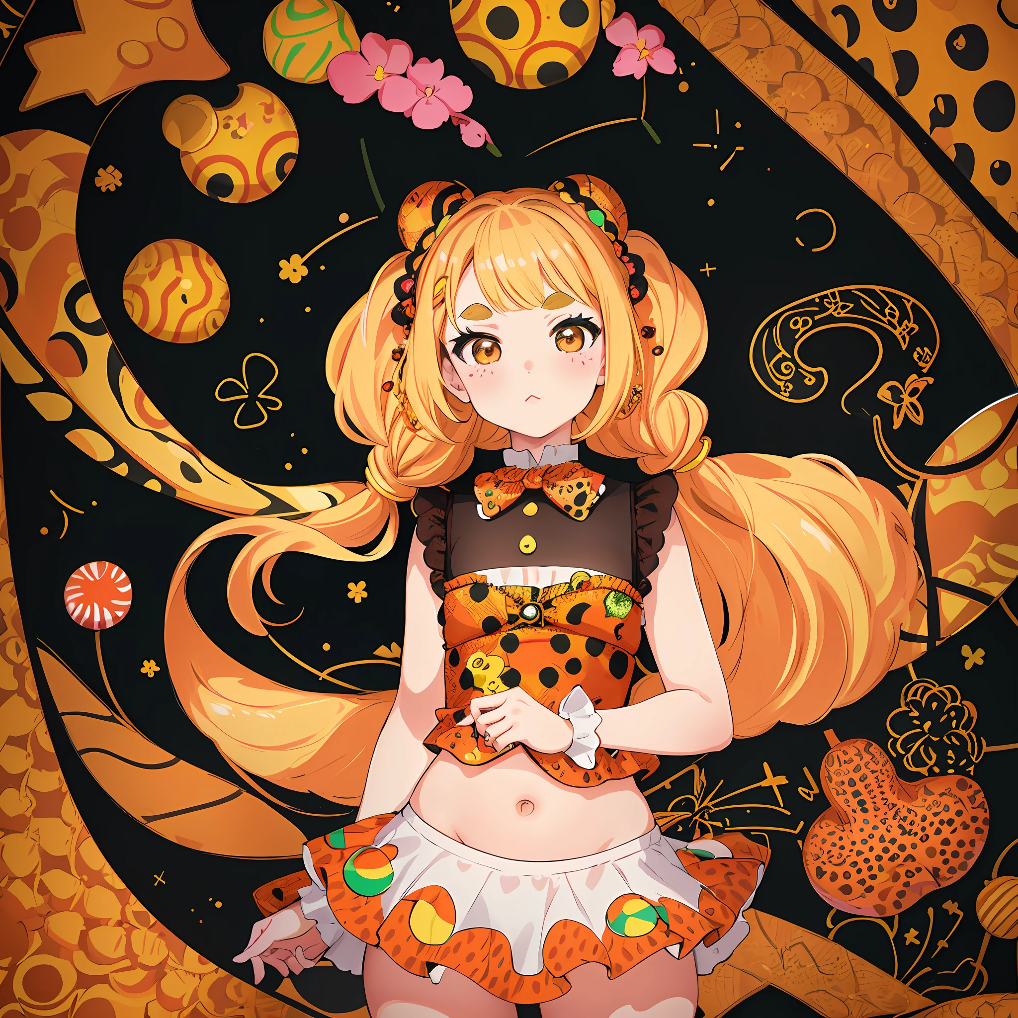 Yayoi Kusama, Yayoi Kusama tattoo, dress, small, female brat, thick eyebrows, thin waist, pigtails, beautiful blonde, braid, rabbit ears, (masterpiece), ((highest quality)), (super detailed), girl, clean and detailed face, five fingers, textile shading, perfect human body structure, perfect anatomy,
