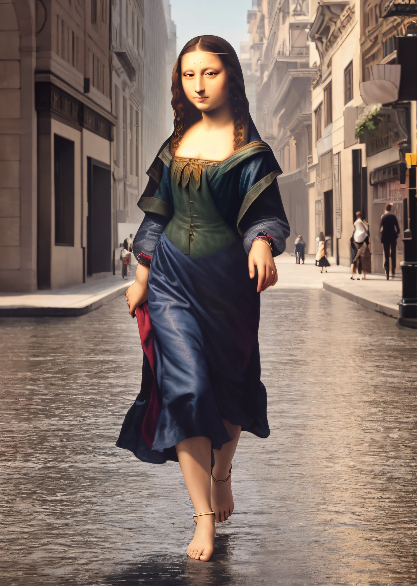 Mona Lisa and an off-the-top man walking, gentle expression, full body portrait, barefoot, light streaks falling from the sky, masterpiece, highest quality, high quality, highly detailed CG unit 8k wallpaper, award winning photo, bokeh, depth of field, HDR, flood, chromatic aberration, realistic, very detailed, art station trend, CGsociety trend, complex, high detail, dramatic, midway art, volumetric lighting