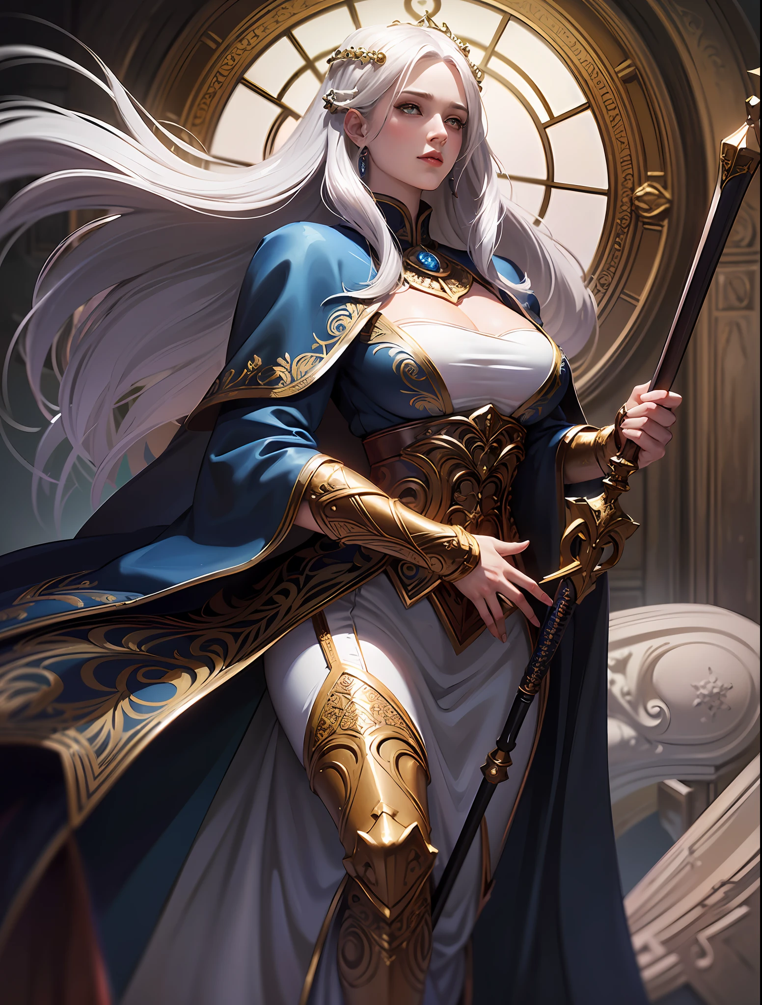 (illustration highres:1.1), (medieval RPG, majestic imperial looking Female (portrait pose:1.1), Character portrait, realistic detailed water eyes, symmetrical face detail:1.2), (ambient light, beautiful majestic open fields detailed at dawn:1.1), (white hair:1.3), (young skin:1.2), (human:1.1), (solo,1girl:1.2), (detailed war armor:1.1), (intricate warrior ornate robe, white cape,  holding a sword :1.1), (knight's robes:1.1), (very chaotic:1.2), unit asset store, (fantasy portraits, rpg portraits), (professional majestic oil painting by Anna Pavleeva, by Valeriy Vegera, volumetric lighting:1.3), Intricate, High Detail, pantyhose, dramatic, roses, ((sense of scale)),