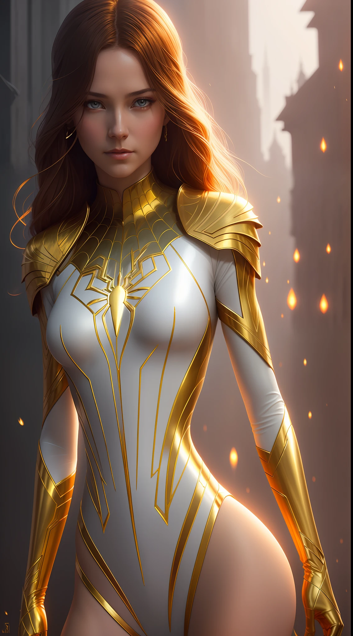 golden and white, spider man, drip outfit, heavy rain, magical, highly detailed, trending on artstation, unreal engine 4 k, cinematic wallpaper by stanley artgerm lau, wlop, rossdraws, james jean, andrei riabovitchev, marc simonetti, yoshitaka amano. background by james jean and gustav klimt, light by julie bell, 4 k, porcelain skin, style of zdislaw beksinski, detailed, 8k, dynamic lighting, white chromatic aberration