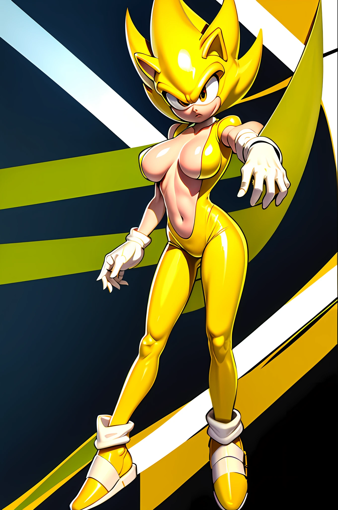 Highly detailed, high quality, masterpiece, beautiful, Base1SuperSonic, full body yellow, eyesgreen, female, large breasts