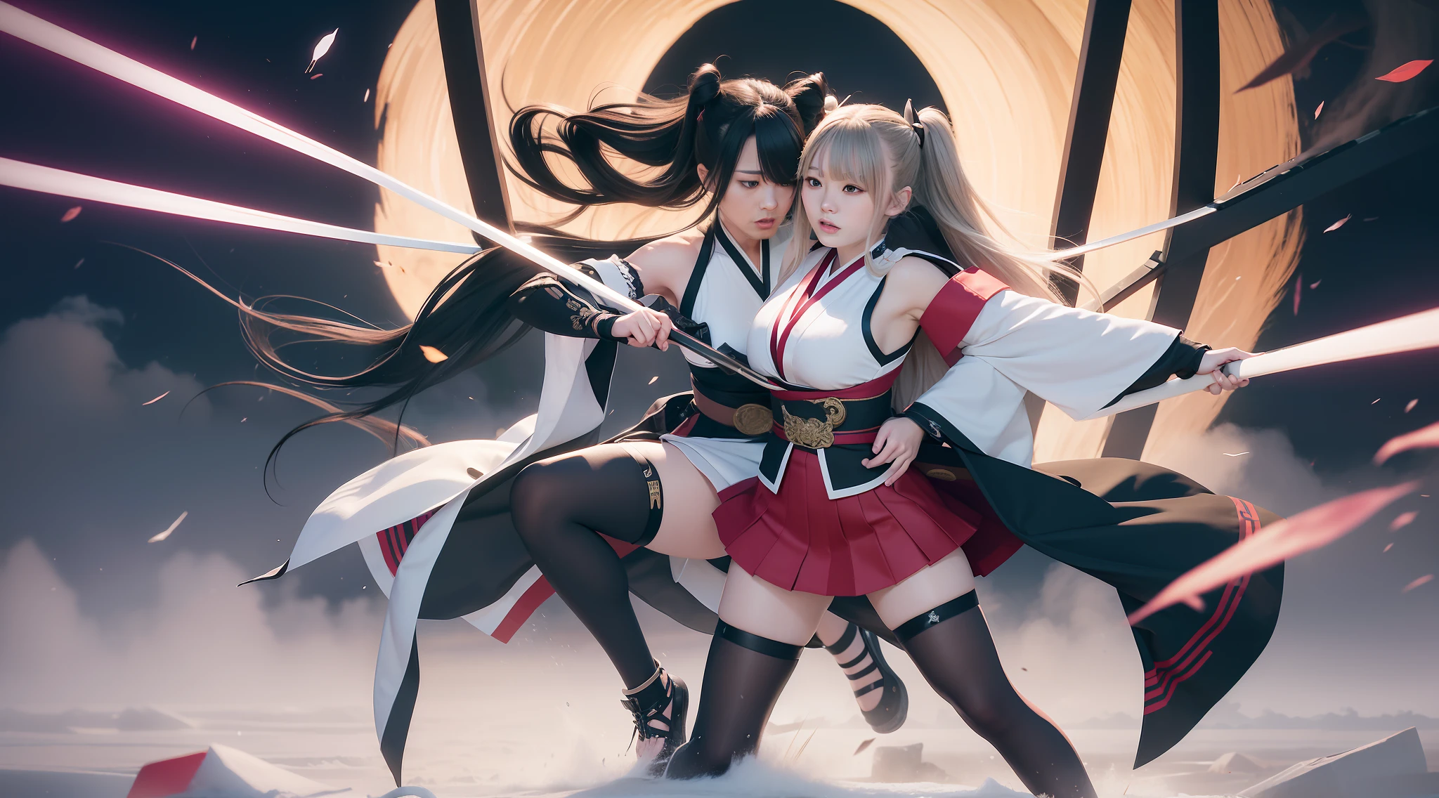 Full body shot from head to feet, two adult female character from Dead or Alive. A thrilling and intense masterpiece depicting a deadly duel between Kokoro versus Hitomi, both expert swordswomen, with the fight reaching a climactic moment of truth. The dynamic action capture the moment as Hitomi takes a lethal blow and succumbs to her injuries, leaving Kokoro as the sole victor in this high-stakes battle. Kokoro have long loose hair. Hitomi have long loose hair. Kokoro wear traditional sleeveless kimono, obi tied on the back hip, black long gloves, medium skirt, and black thigh highs. Hitomi wear traditional sleeveless kimono, obi tied on the back hip, black long gloves, medium skirt, and black thigh highs. Background set on lush forest, with no effect.