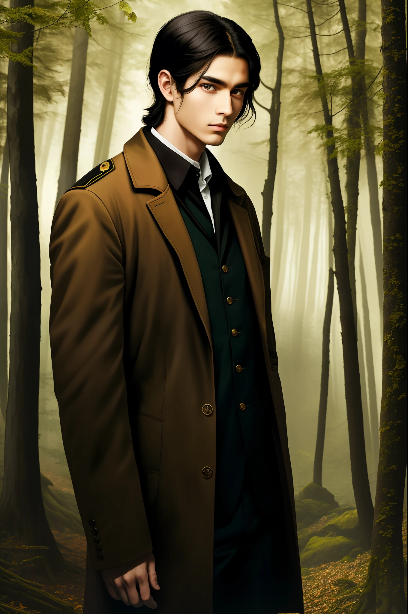 Man, brown eyes, Russian, spirit of the forest, young, black hair