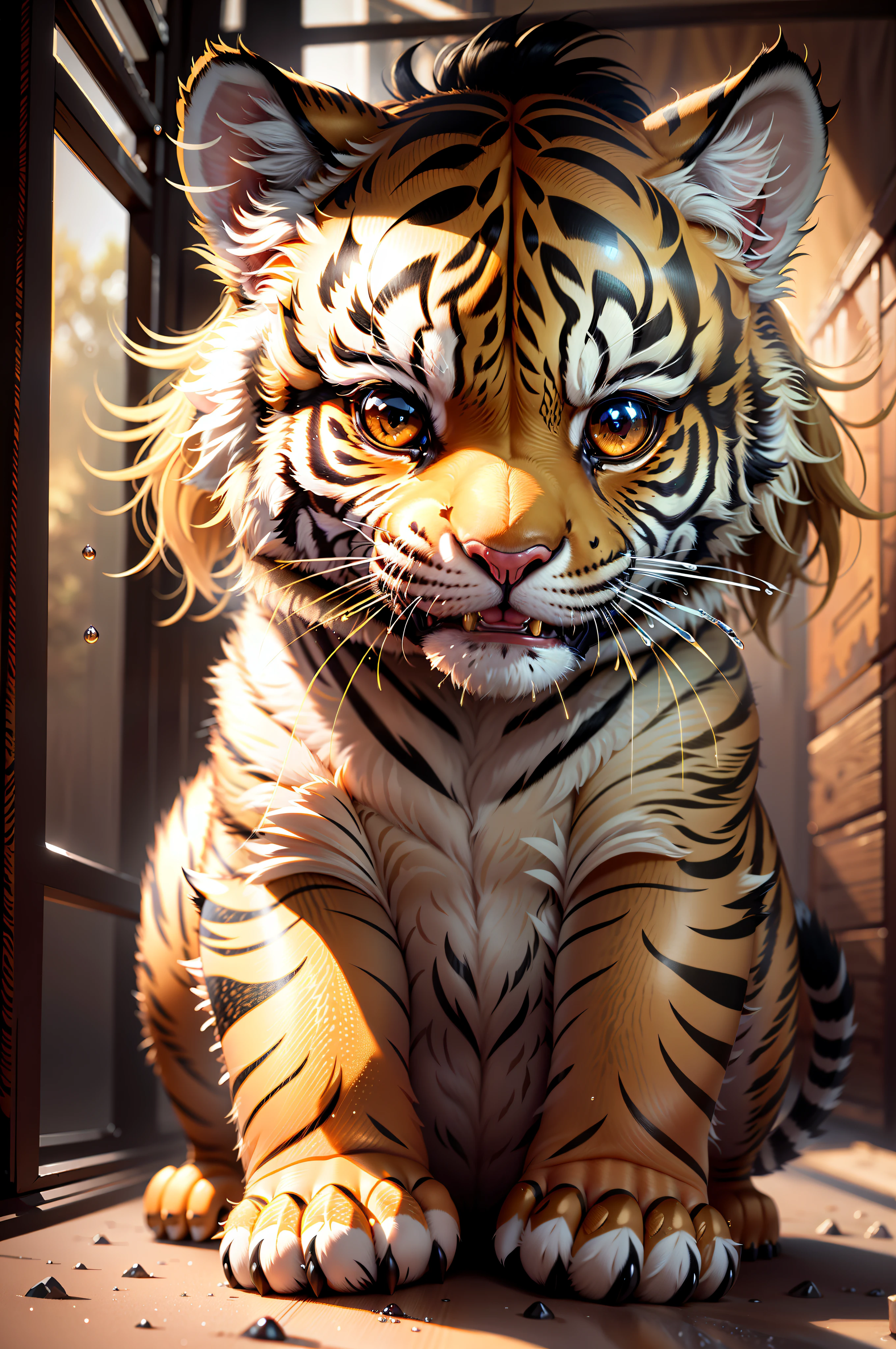 Very detailed, intricate details, dynamic lighting, realism, cinematic, natural lighting, m0nst3rfy3, tiger cub, golden glowing eyes, smile, :P, (fluffy: 1.2), water dew