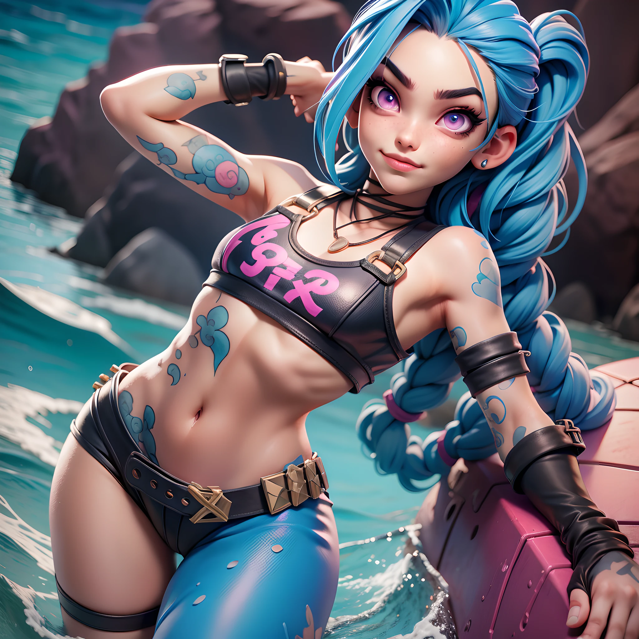 J3dmm, masterpiece, high quality best quality, 1girl, beach, blue hair, jinx, young female, 14 years, 1girl, solo, looking at viewer, detailed pink eyes, navel, gloves, fingerless gloves, character name, midriff, bare shoulders, looking at viewer, outdoors, gym uniform, covered, (transparent), wet, small breasts, arm tattoo, belly tattoo