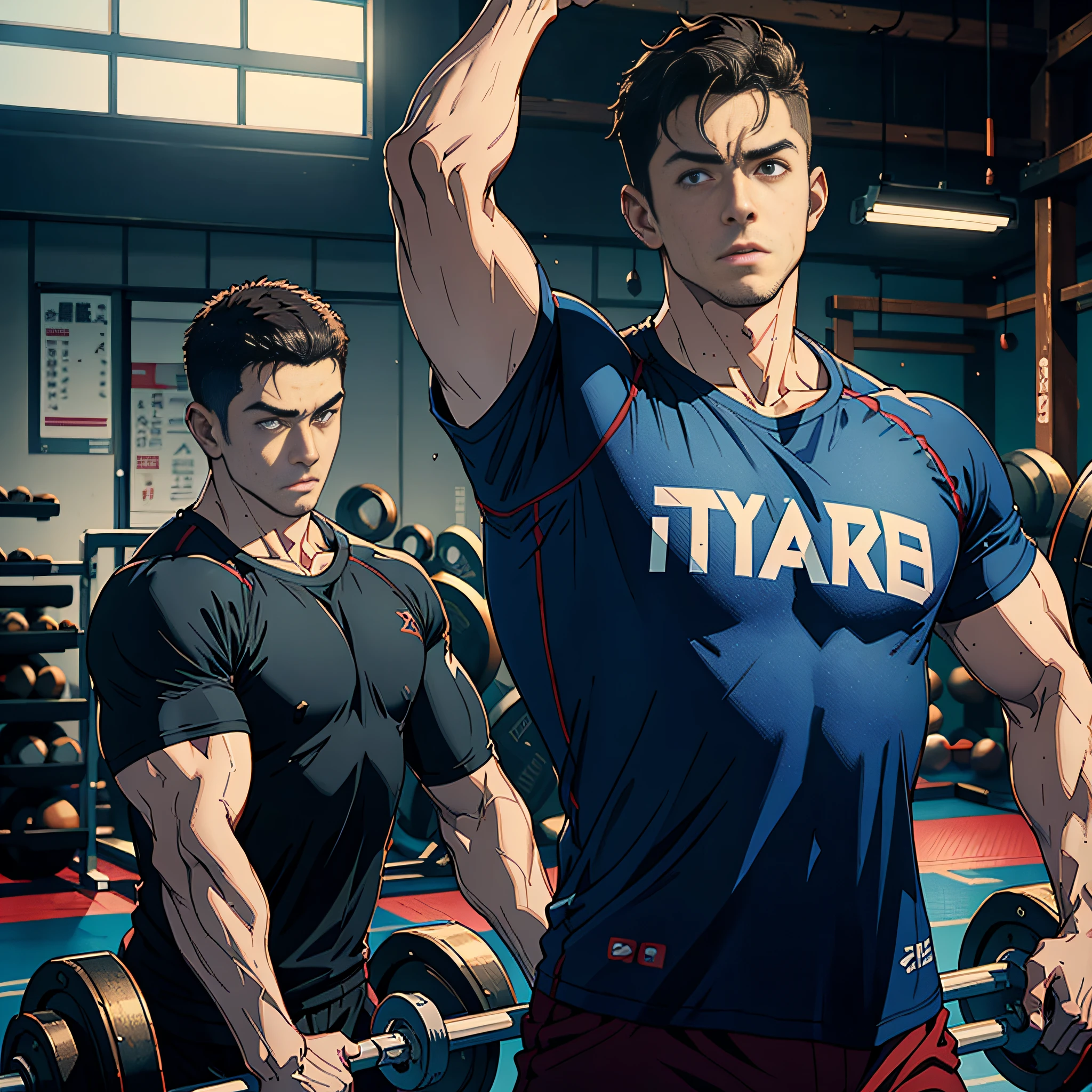 Masterpiece, Best Quality, 8K, Photographic Reality, Realistic, Octane Rendering , Japanese Gym, Men Fitness Trainer (upper body wearing sports T-shirt: 1.2) There are many people exercising in the background