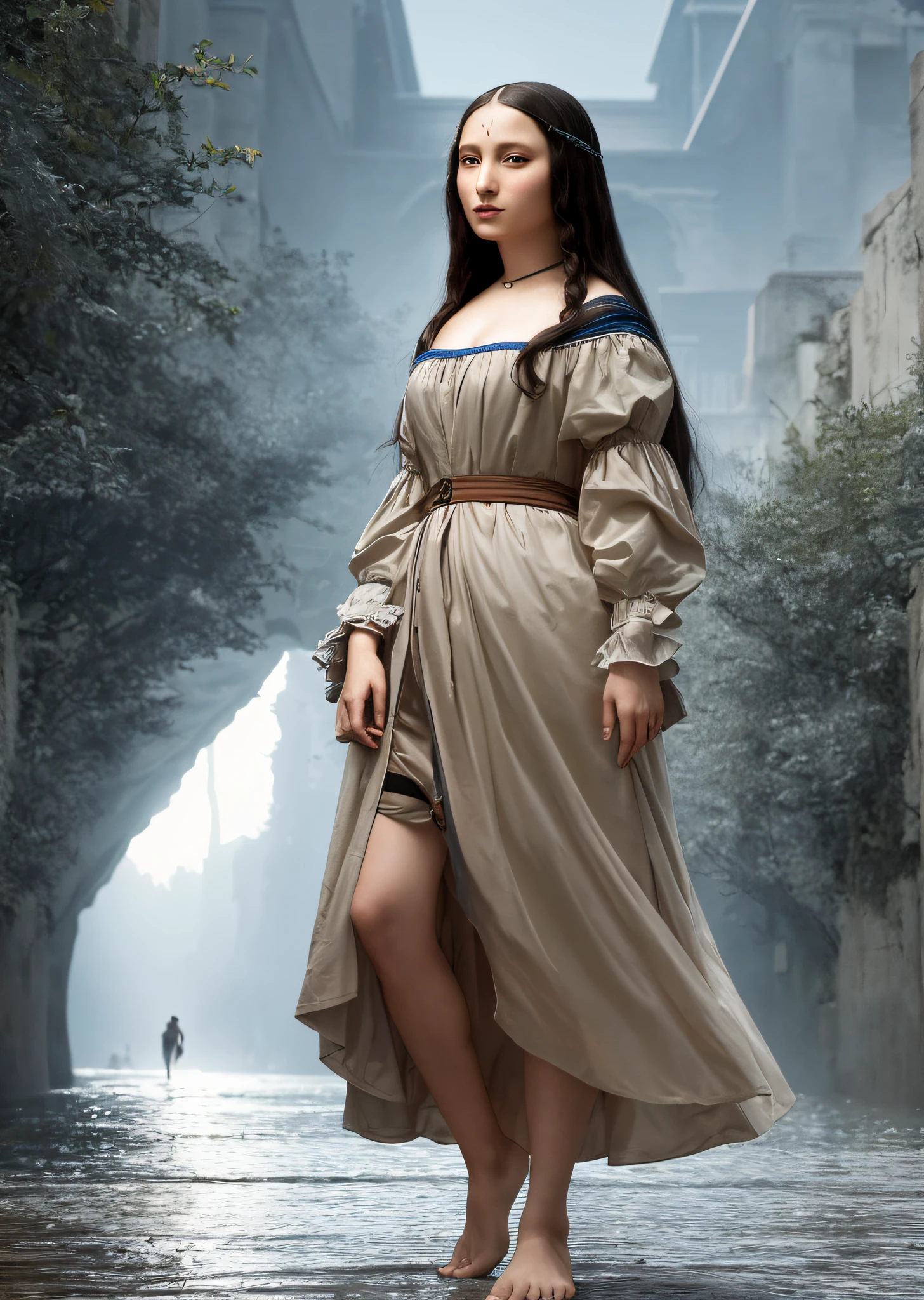 Mona Lisa and an off-the-top man walking, gentle expression, full body portrait, barefoot, light streaks falling from the sky, masterpiece, highest quality, high quality, highly detailed CG unit 8k wallpaper, award winning photo, bokeh, depth of field, HDR, flood, chromatic aberration, realistic, very detailed, art station trend, CGsociety trend, complex, high detail, dramatic, midway art, volumetric lighting