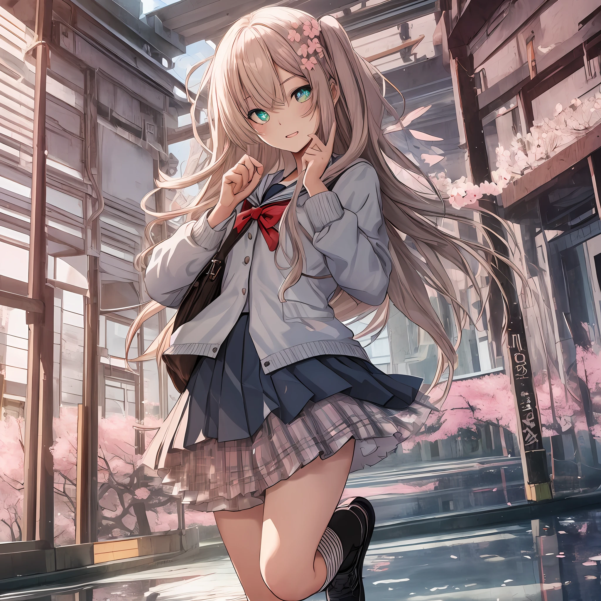 {Transfer Student} {School Uniform} {1 Girl} {3D HDTV Background} {Cherry Blossom Tree-lined Path} {Cherry Blossom Scattering} {Energetic Girl} {One-Eyed Wink} {{Jump with one hand up} {White-green long hair} {Super High Quality} {Super Awesome} {Skirt} {Knee-high socks} {Detailed expression of fingers} {Symmetrical finish of the pupil Clearly draw a small reflection of white light in the pupil, This adds depth to the eyes}{full body} {expressive hands} {expressive fingers} {slightly mature attractive woman}{sun} {sunny weather}