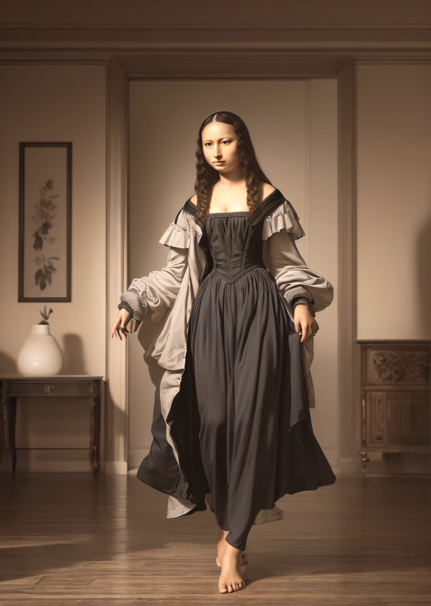 Mona Lisa and an off-the-top man walking, gentle expression, full body portrait, barefoot, light streaks falling from the sky, masterpiece, highest quality, high quality, highly detailed CG unit 8k wallpaper, award winning photo, bokeh, depth of field, HDR, flood, chromatic aberration, realistic, very detailed, art station trend, CGsociety trend, complex, high detail, dramatic, midway art, volumetric lighting