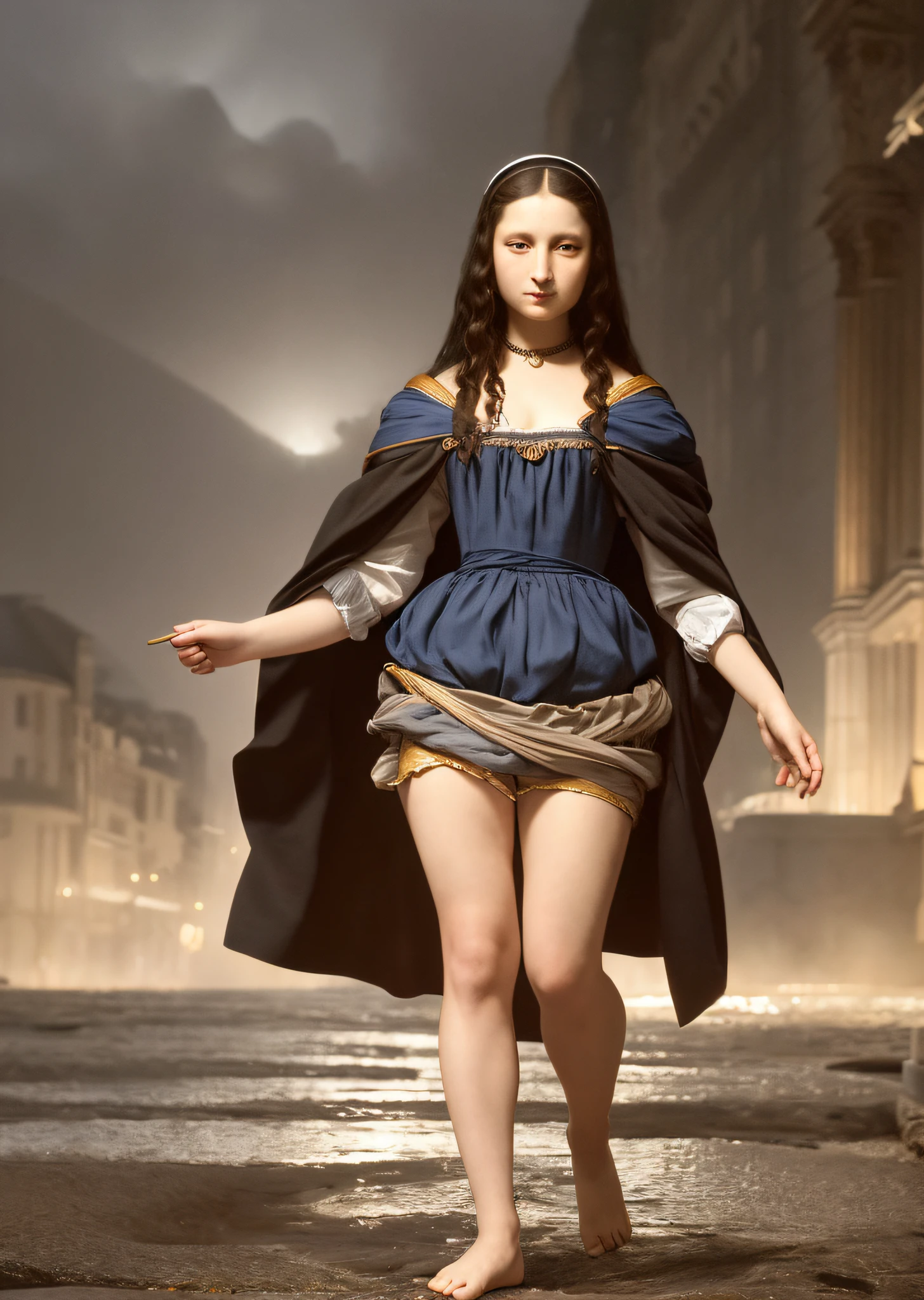Mona Lisa and an off-the-top man walking, gentle expression, full body portrait, barefoot, light streaks falling from the sky, masterpiece, highest quality, high quality, highly detailed CG unit 8k wallpaper, award winning photo, bokeh, depth of field, HDR, flood, chromatic aberration, realistic, very detailed, art station trend, CGsociety trend, complex, high detail, dramatic, midway art, volumetric lighting
