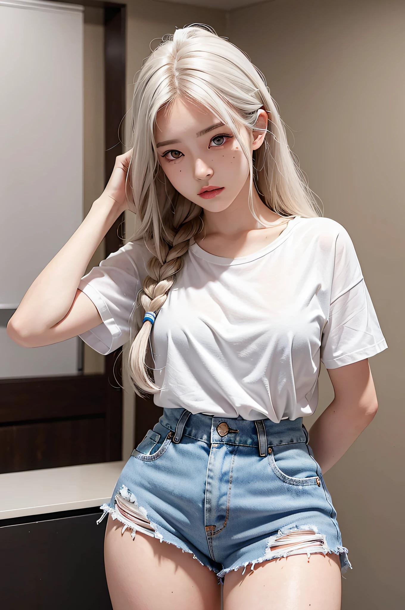 photorealistic, high resolution, ultra realistic, 1 girl, white wavy hair, korean, heterochromic eyes, small moles under the eyes, loose white shirt, tight jeans shorts, small, big thighs,  that look sexy