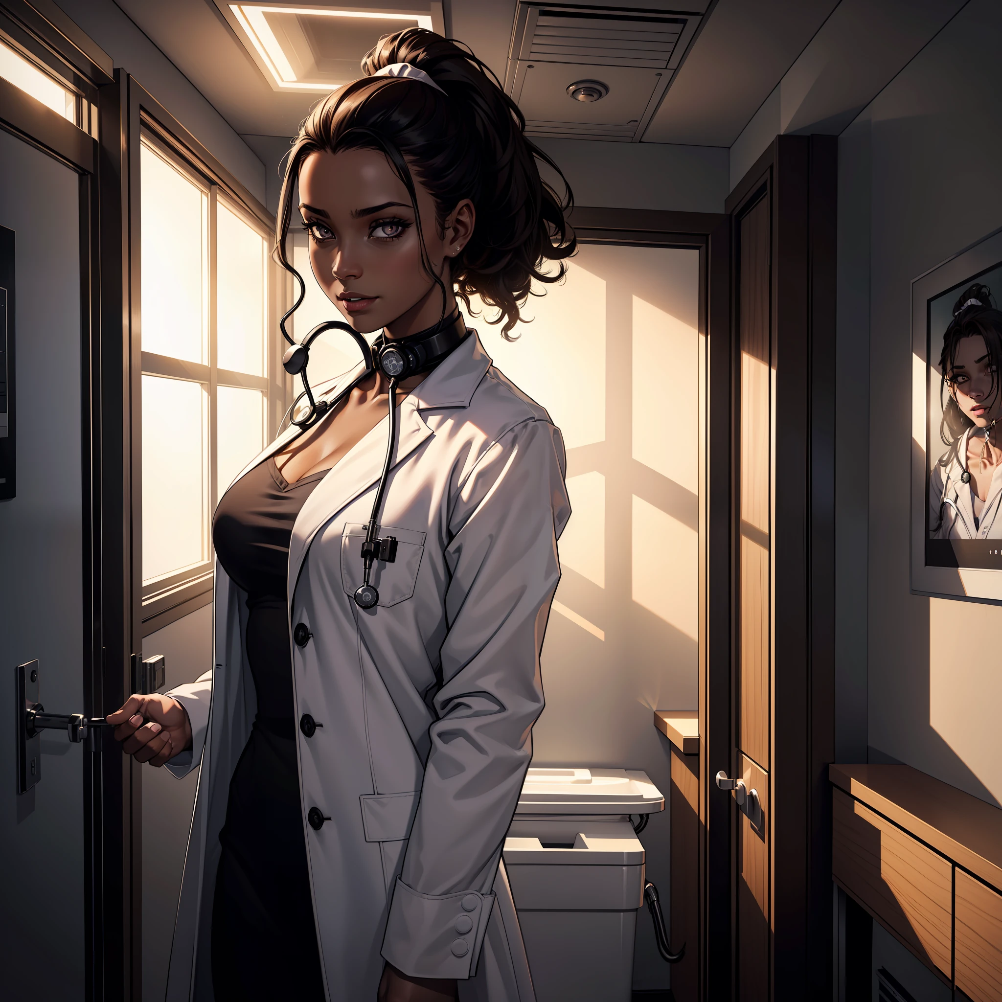 (extremely detailed 8k wallpaper), dark theme, Vampire the Masquerade, modern horror, 2020s, (((young black woman)), wearing white medical coat, stethoscope on neck, sharp focus, (subsuperficial scattering:1.1), award-winning photography, centered face, half-body photo:1.1, medium brown afro hair stuck in ponytail, dark eyes:1.2, cheerful expression, inside luxury hospital pediatrics room,  dramatic lighting