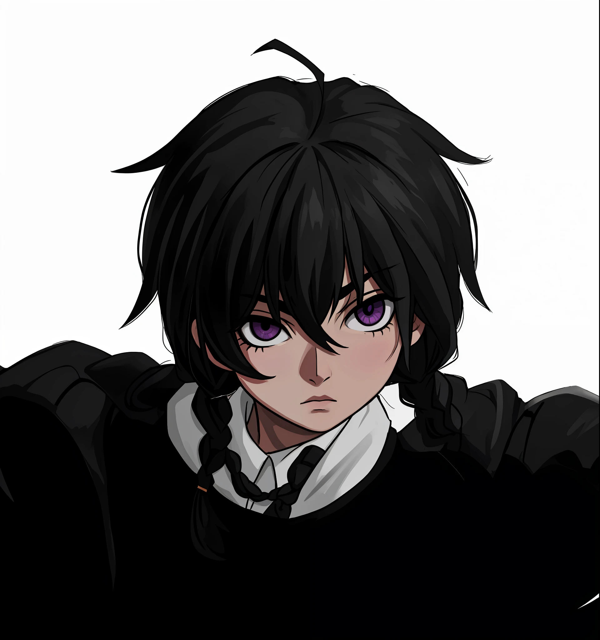 black hair, purple eye, expressionless, braids, ahoge, femboy, hd, highres