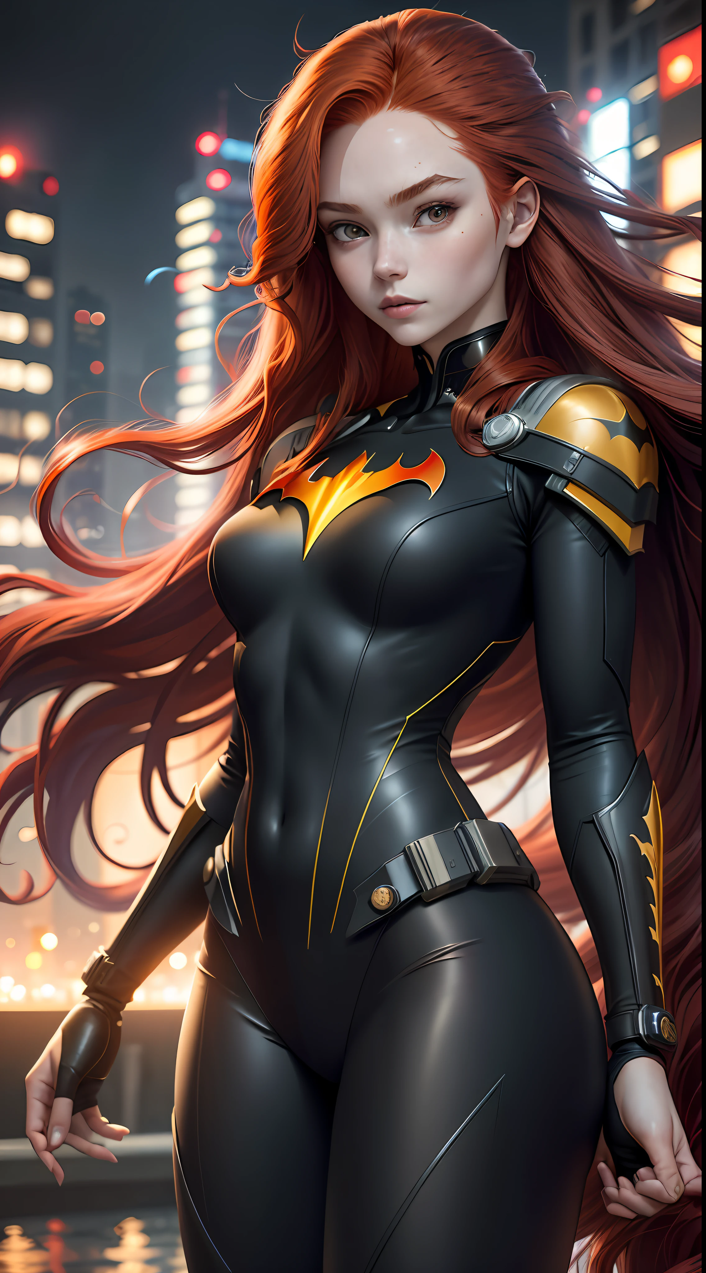 18-year-old girl, upper body, close-up, Batman suit, long pants, ((((long red hair))), floating hair, beautiful face, lightning, city in the night, masterpiece, exquisite details, perfect anatomy