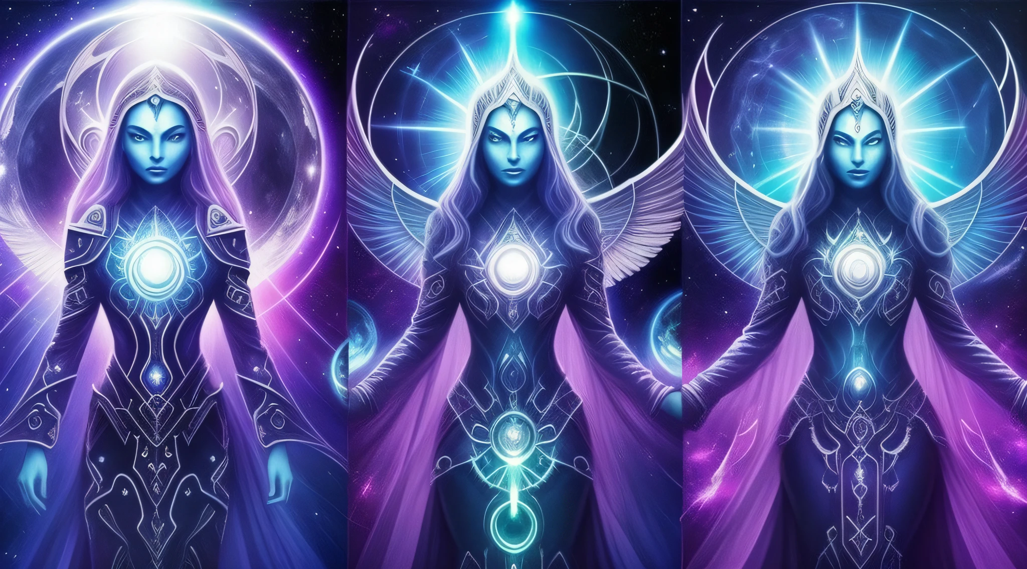 group of aliens with their hands up, energetic beings patrolling, solar beings, extraterrestrials, beings of amazing structure, complex beings, astral appearance, alien forms, complex cybernetic beings, vril, channeling the energy of the third eye, some cosmic angels, many beings walking around, emanating with blue aura, !5 three-eyed goddesses
