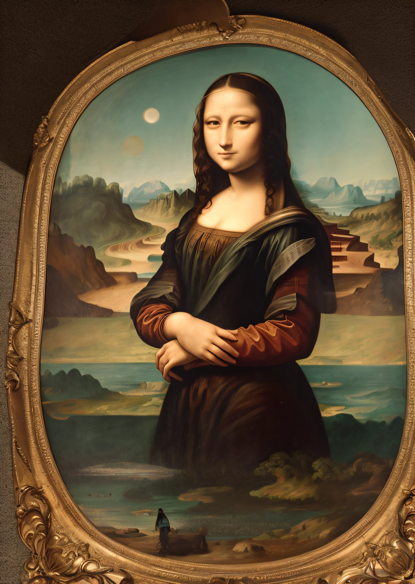 Mona Lisa and an off-the-top man walking, gentle expression, full body portrait, barefoot, light streaks falling from the sky, masterpiece, highest quality, high quality, highly detailed CG unit 8k wallpaper, award winning photo, bokeh, depth of field, HDR, flood, chromatic aberration, realistic, very detailed, art station trend, CGsociety trend, complex, high detail, dramatic, midway art, volumetric lighting
