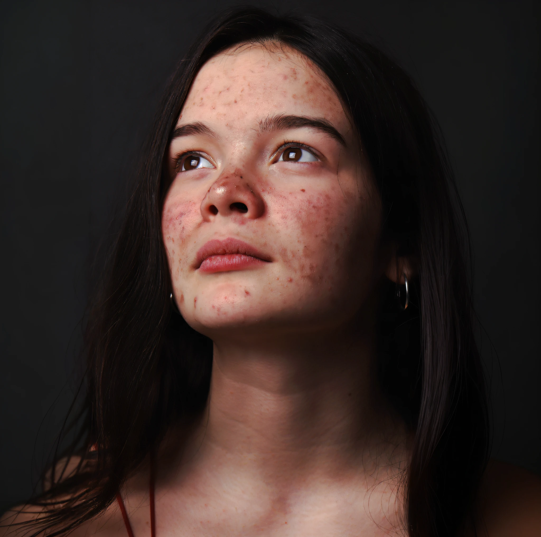 there is a woman with freckles on her face looking up, scars on face, woman with freckles, skin blemishes, trypophobia acne face, face with scars, face scars, pimples, scar on face, hyperdetailed skin, light freckles, woman with porcelain skin, soft freckles, surface blemishes, black scars on her face, freckled face