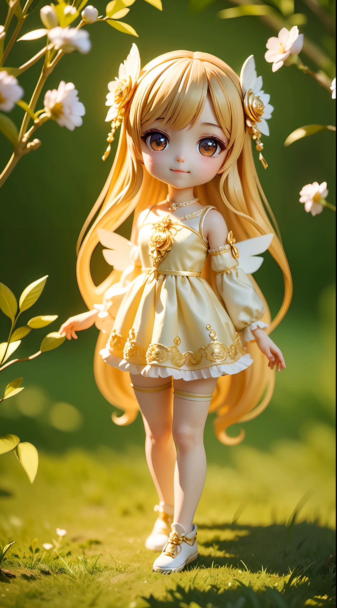 ((best quality)), ((masterpiece)), ( extreme detailed, highest detailed, official art, beautiful and aesthetic:1.2), depth, composition FULL BODY, CHIBI, Cute, (beautiful and detailed eye:1) , smilling, bokeh, bloom, blurred background , fairy, angel, (full body:1.5), photography, cinematic lighting, golden ratio