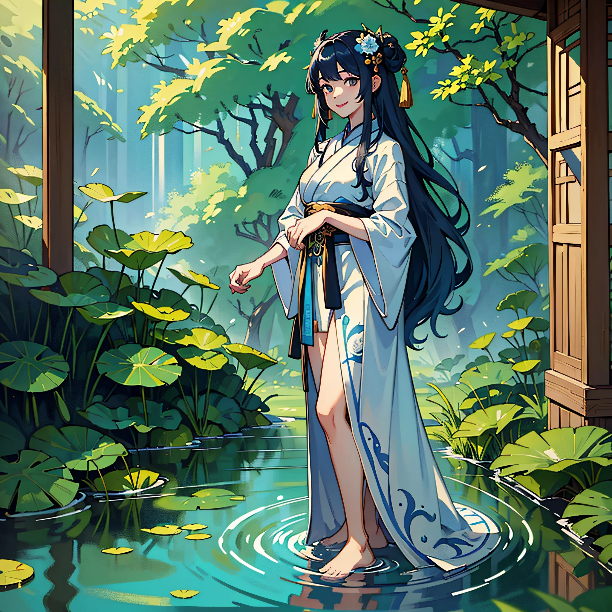((4k,masterpiece,best quality)), shuimobysim, traditional chinese ink painting, lotus, hanfu, maxiskit, dress conservatively 1girl, solo, long blue hair, smile, standing, feet in the water, barefoot, --auto --s2