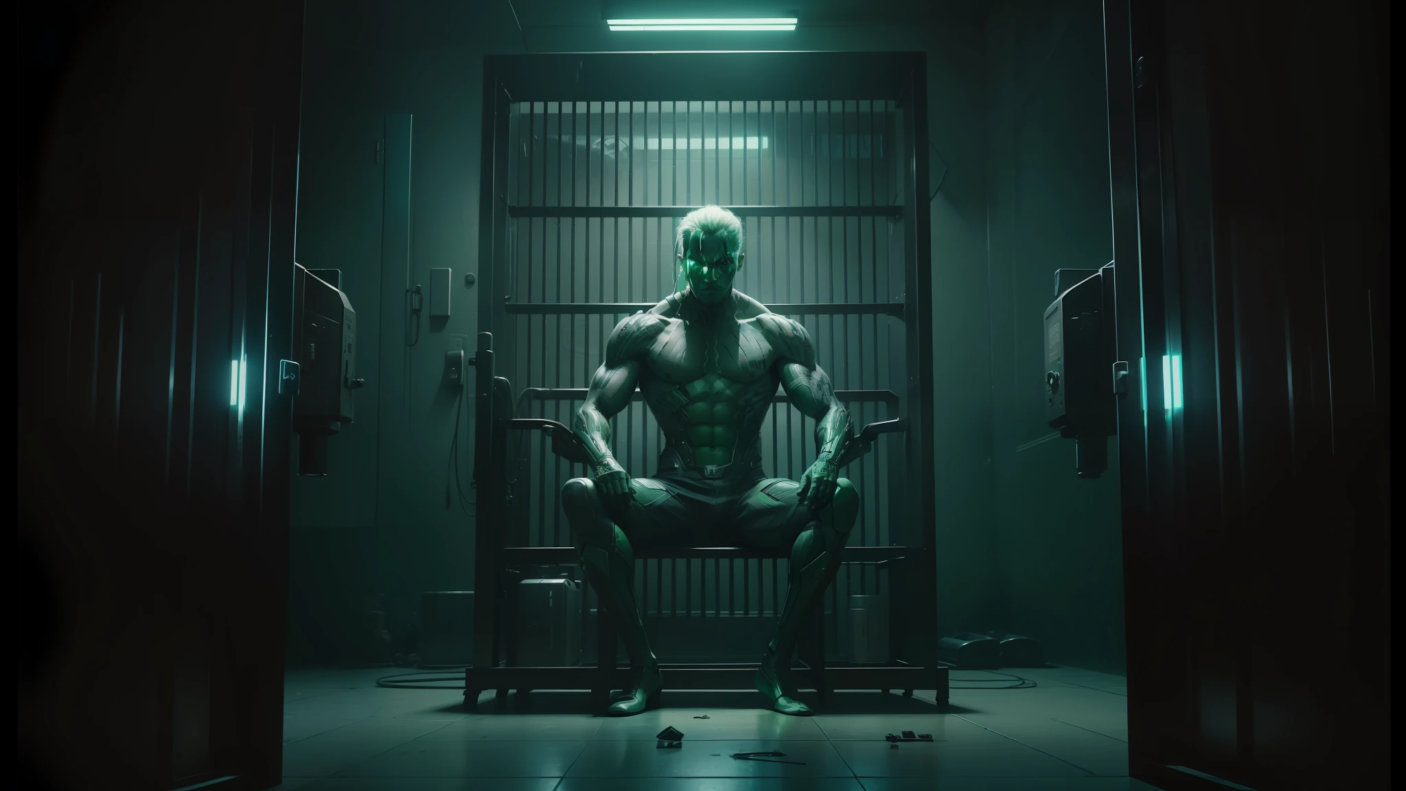 man in a jail cell with a green light, still from alita, altered carbon, movie still of a alien cyborg, movie still of cyborg, humanoid, still from a music video, movie still of aztec cyborg, altered carbon series, die antwoord music video, still from the movie saw, movie still of a cyborg --auto --s2