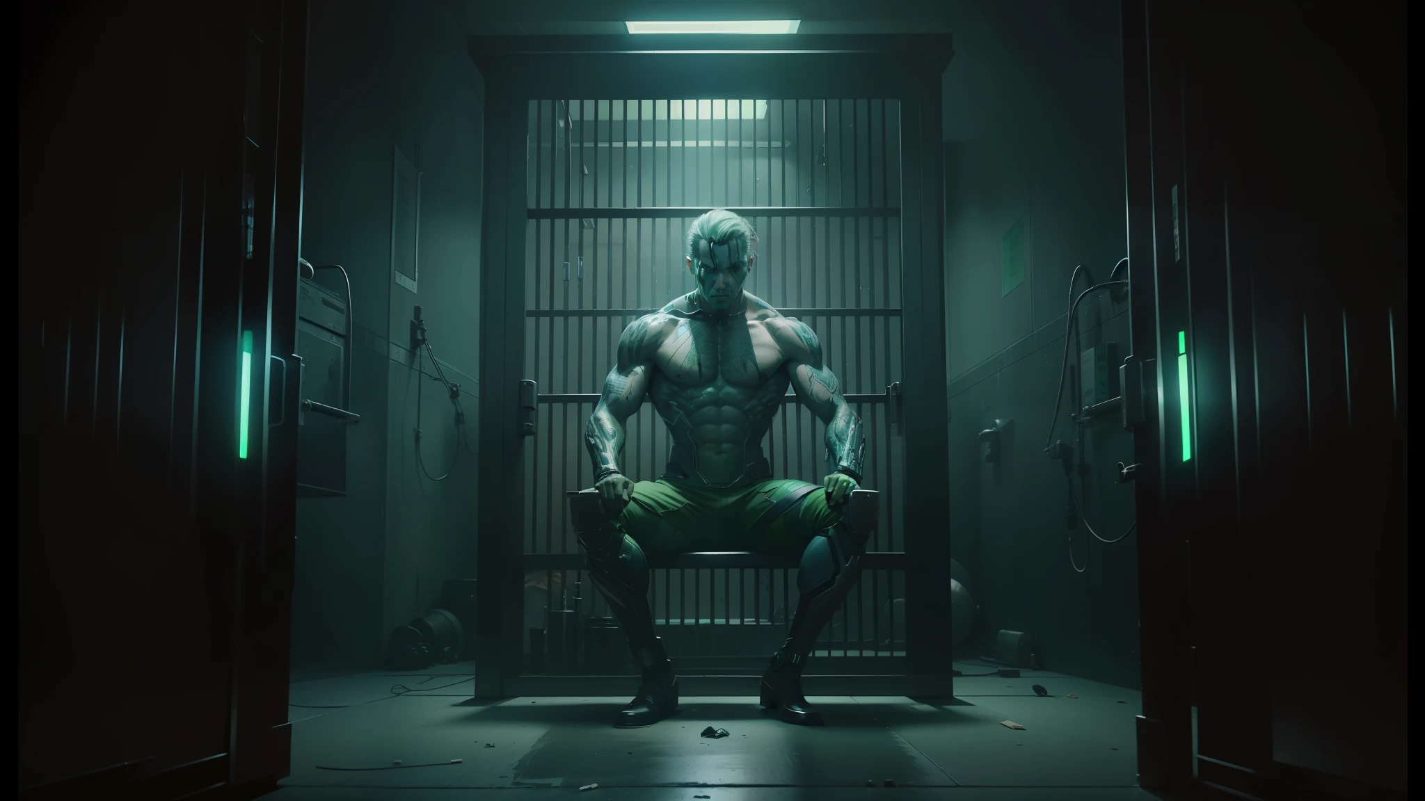 man in a jail cell with a green light, still from alita, altered carbon, movie still of a alien cyborg, movie still of cyborg, humanoid, still from a music video, movie still of aztec cyborg, altered carbon series, die antwoord music video, still from the movie saw, movie still of a cyborg --auto --s2