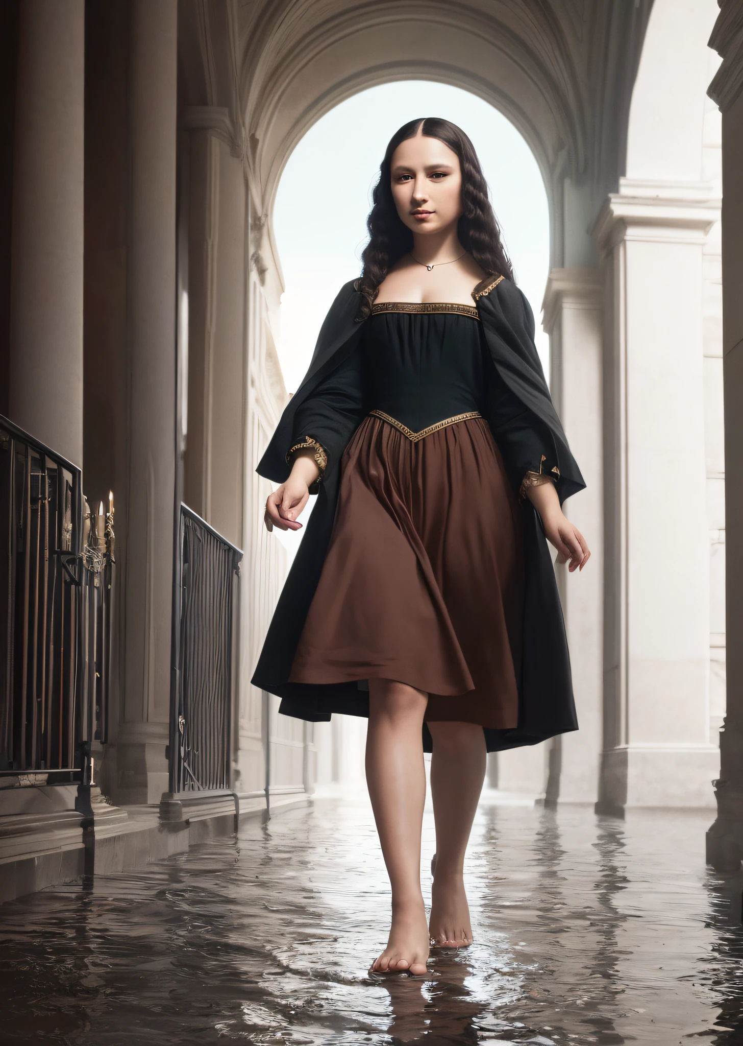 Mona Lisa and an off-the-top man walking, gentle expression, full body portrait, barefoot, light streaks falling from the sky, masterpiece, highest quality, high quality, highly detailed CG unit 8k wallpaper, award winning photo, bokeh, depth of field, HDR, flood, chromatic aberration, realistic, very detailed, art station trend, CGsociety trend, complex, high detail, dramatic, midway art, volumetric lighting