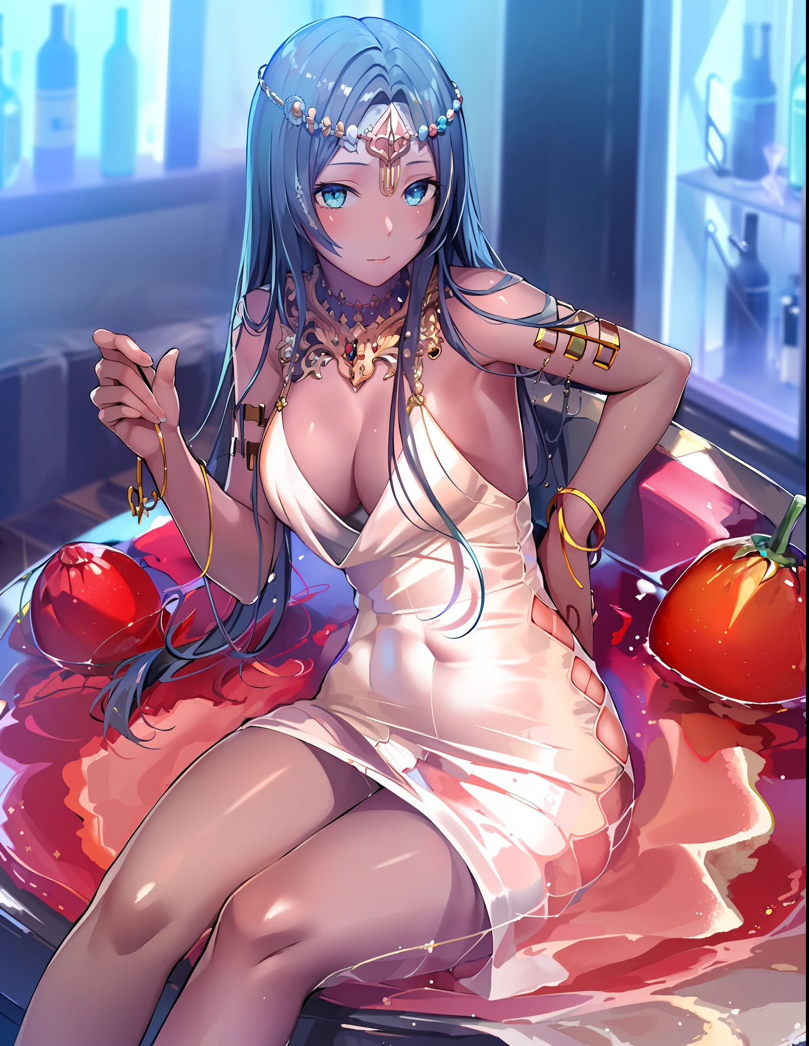 (((masterpiece, best quality, high resolution))),
thousandnights, PartyDress, 1girl, solo, on bed, sitting,