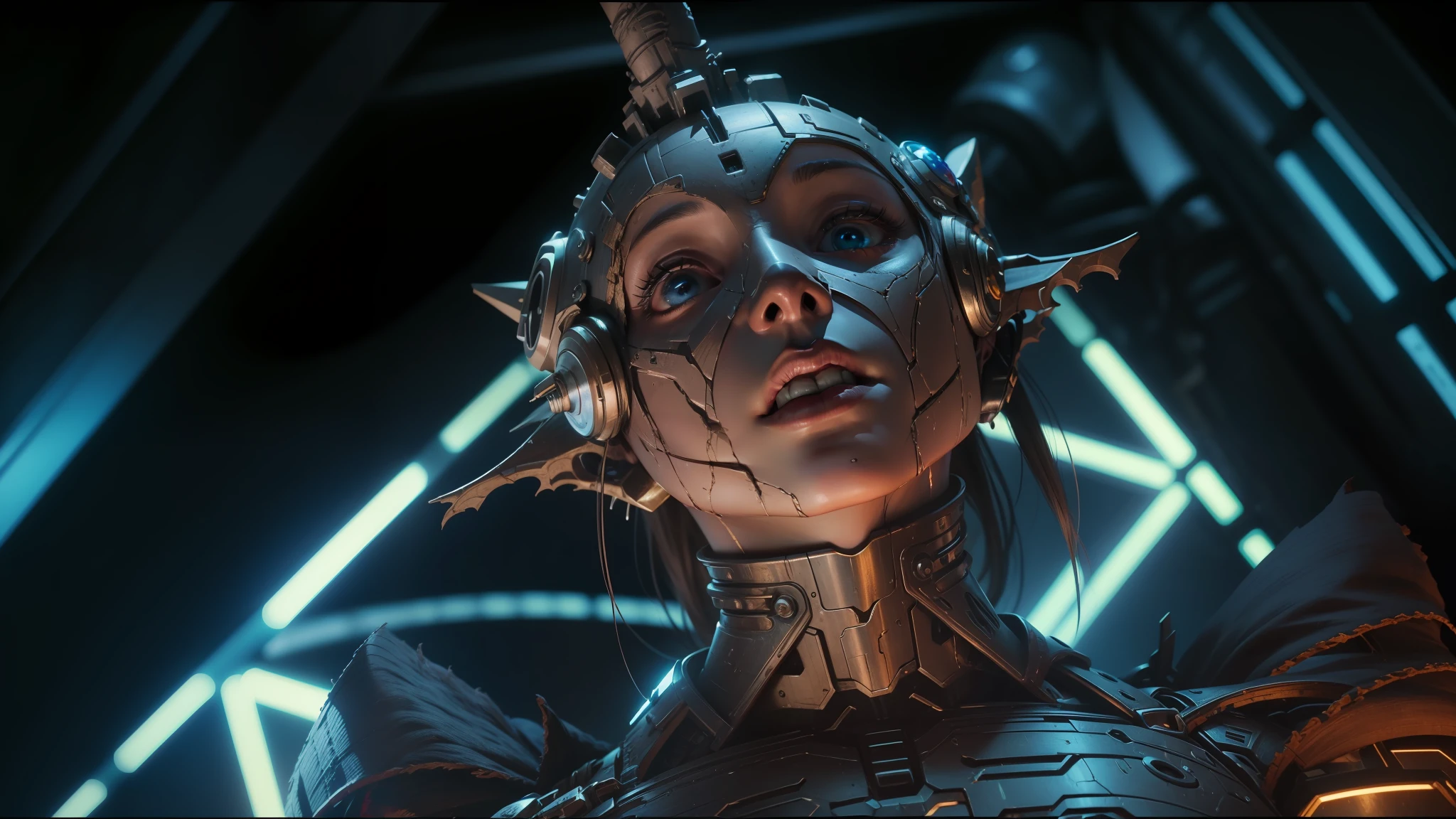 a close up of a person in a costume with a glowing head, still from alita, movie still of a alien cyborg, guardians of the galaxy-style 4k, movie still of the alien girl, highly detailed barlowe 8 k, movie still of aztec cyborg, guyver, alita battle angel, imax close-up of face, cgi special effects --auto --s2