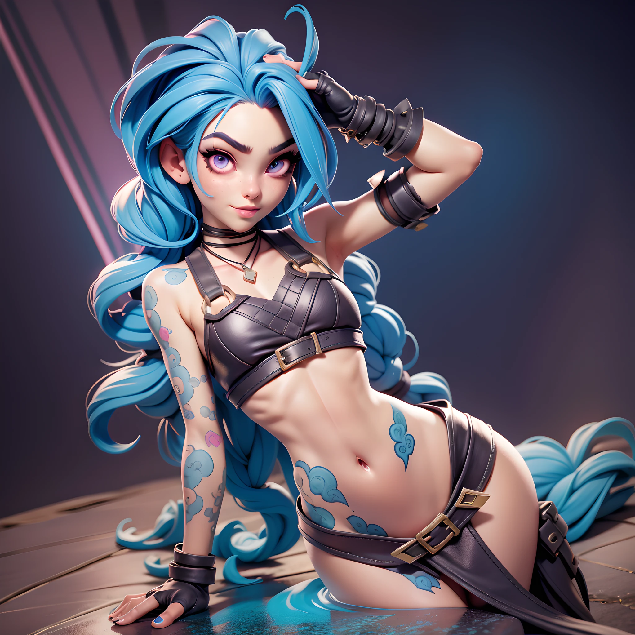 J3dmm, masterpiece, high quality best quality, 1girl, beach, blue hair, jinx, young female, 14 years, 1girl, solo, looking at viewer, detailed pink eyes, navel, gloves, fingerless gloves, character name, midriff, bare shoulders, looking at viewer, outdoors, bath towel, wet, small breasts, arm tattoo, belly tattoo, suggestive pose,  Sexy pose