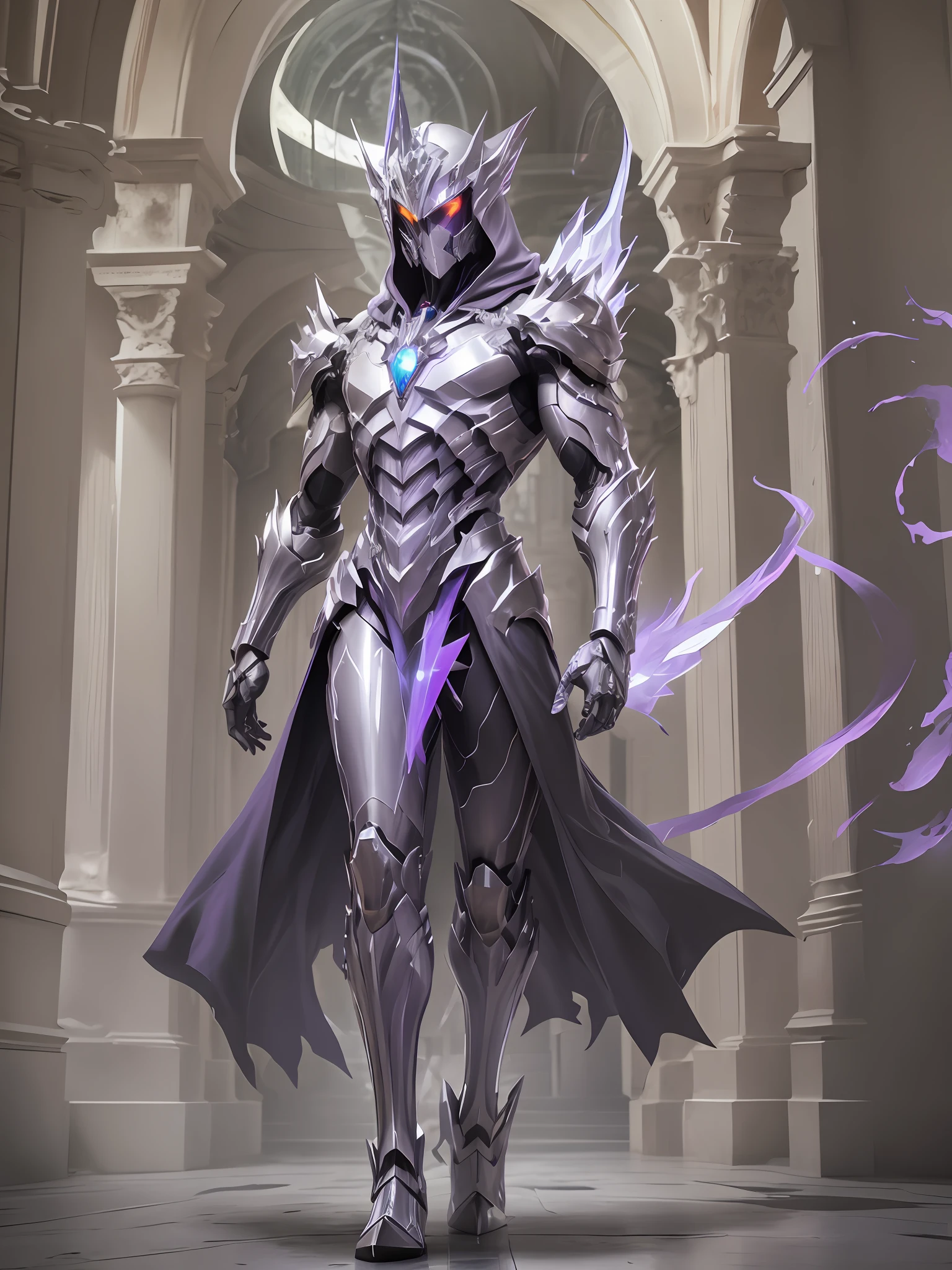 full body white gold and purple Cristal angel assassin hooded sharp cyborg man suite glowing cloak walking with red Cristal demon sharp cyborg dog, mask, Many details, transparent glass suite, front view (Inside a palace portico:1.3) cinematic lighting, full body, full body, all body, front view, wide angle, cinematic lighting, ultra details, ultra resolution, ultra quality, focused, unreal engine 5, cinematic light