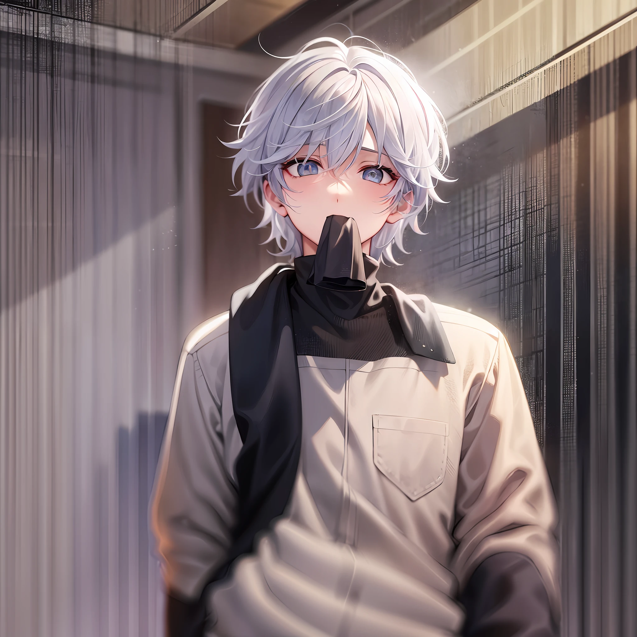 Boy, white hair, yellow eyes, scene at school