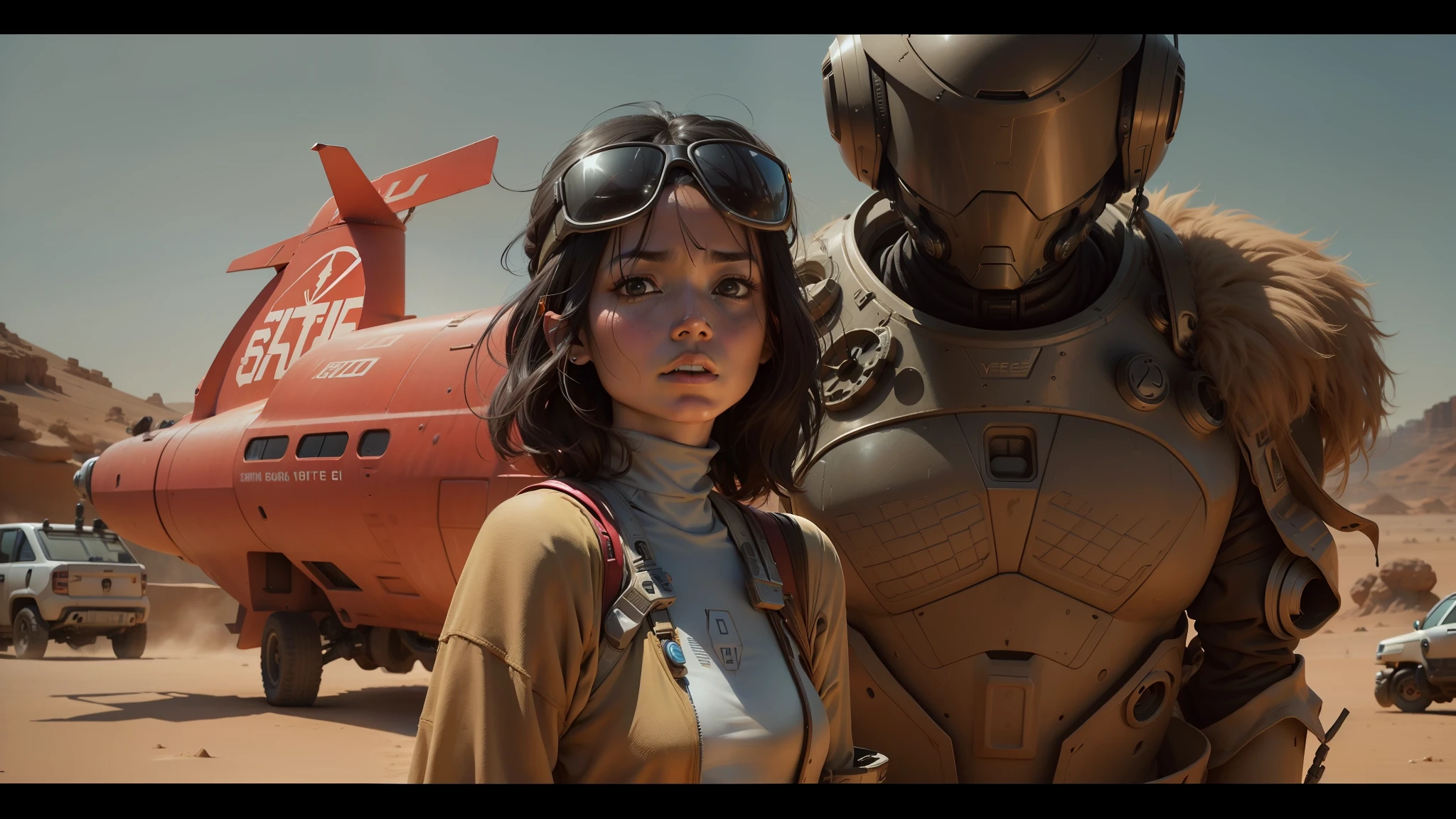 araffe and a woman in a desert with a vehicle in the background, zoe kravitz futuristic astronaut, yoshimi versus the evil robots, from a 2 0 1 9 sci fi 8 k movie, film still from movie dune-2021, still from movie dune, love death and robots, depicted as a scifi scene, mamoru ushii --auto --s2