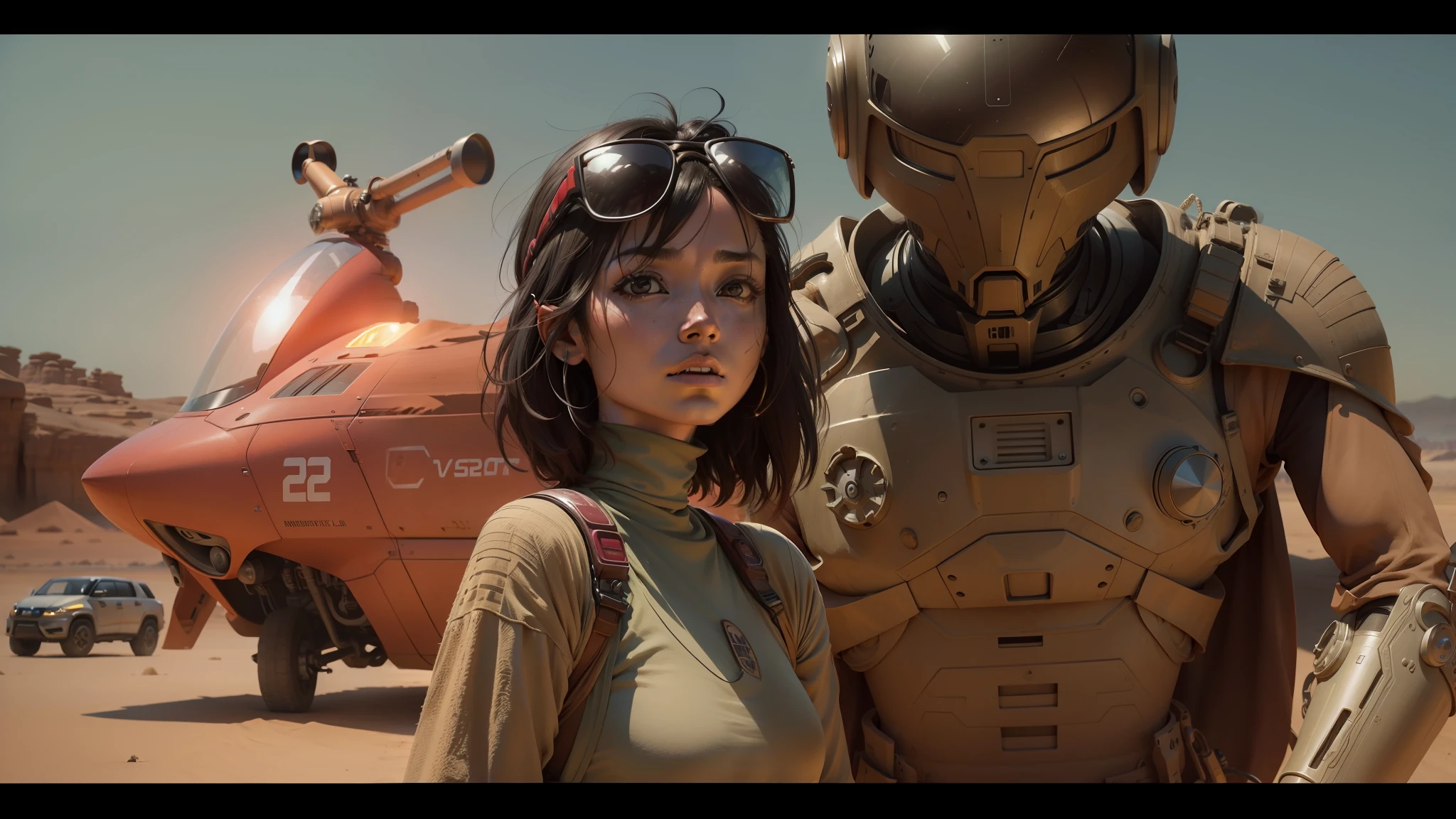 araffe and a woman in a desert with a vehicle in the background, zoe kravitz futuristic astronaut, yoshimi versus the evil robots, from a 2 0 1 9 sci fi 8 k movie, film still from movie dune-2021, still from movie dune, love death and robots, depicted as a scifi scene, mamoru ushii --auto --s2