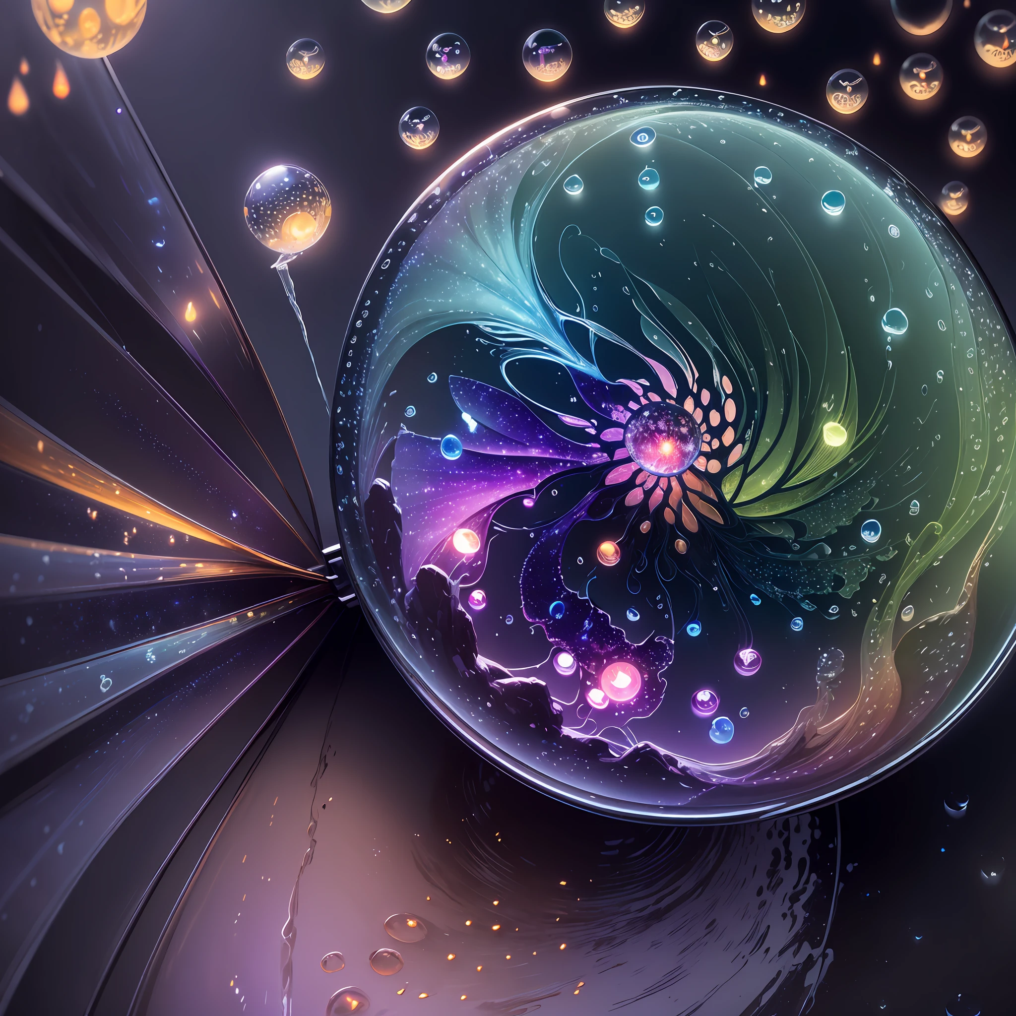 Computer, Extensive Landscape Ultrasound Photography soap bubbles, lighthouse, rain, fly agaric (general view showing soap bubbles), inside the soap bubble rain (ultradetailed), full moon, (detailed), moon, glass (detailed), night night, moon reflection, (1:3), fireflies (1:3), BREAK production art, (cold light source:1.2), (Firefly:1.2), purple, fire particles, colors, complex details, volumetric lighting, realistic fantasy BREAK (masterpiece:1.2),  (Best Quality), 4K, Ultra Detailed, (Dynamic Composition: 1.4), High Detailed, Colorful Details, (Gloomy Colors: 1.2), (Luminous Lighting, Atmospheric Lighting), Gloomy, Dark, Magical --auto --s2