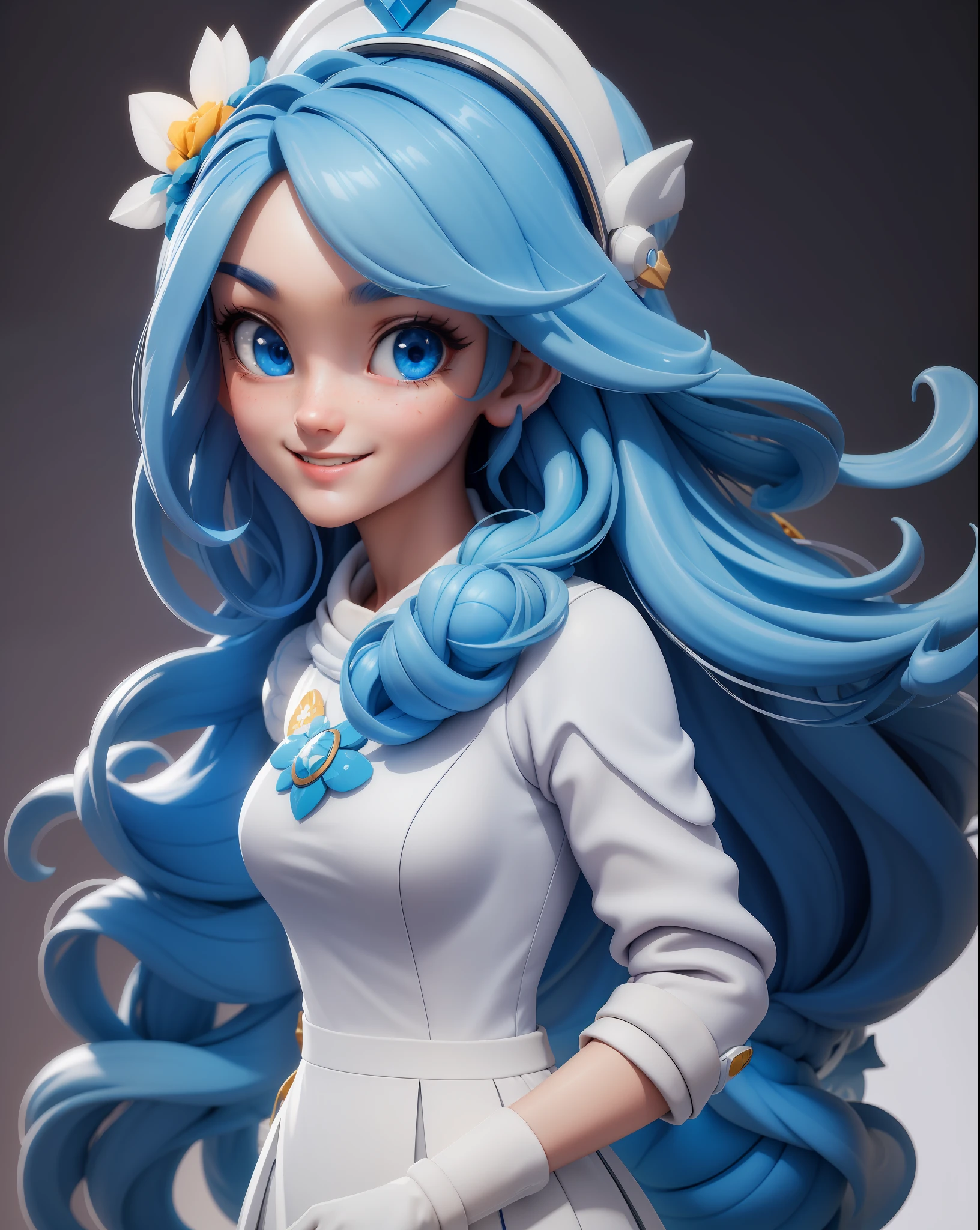 (masterpiece:1.5), (best quality:1.5), 3dmm,highres, highly detailed,3DG,1girl, big blue eyes, long blue hair, white headgear, smiling, looking at viewer, cute and girly\(idolmaster\), 3d rendering, octane rendering, subsurface scattering skin, soft and bright lighting, clear focus, clean background, perfect face, perfect eyes,