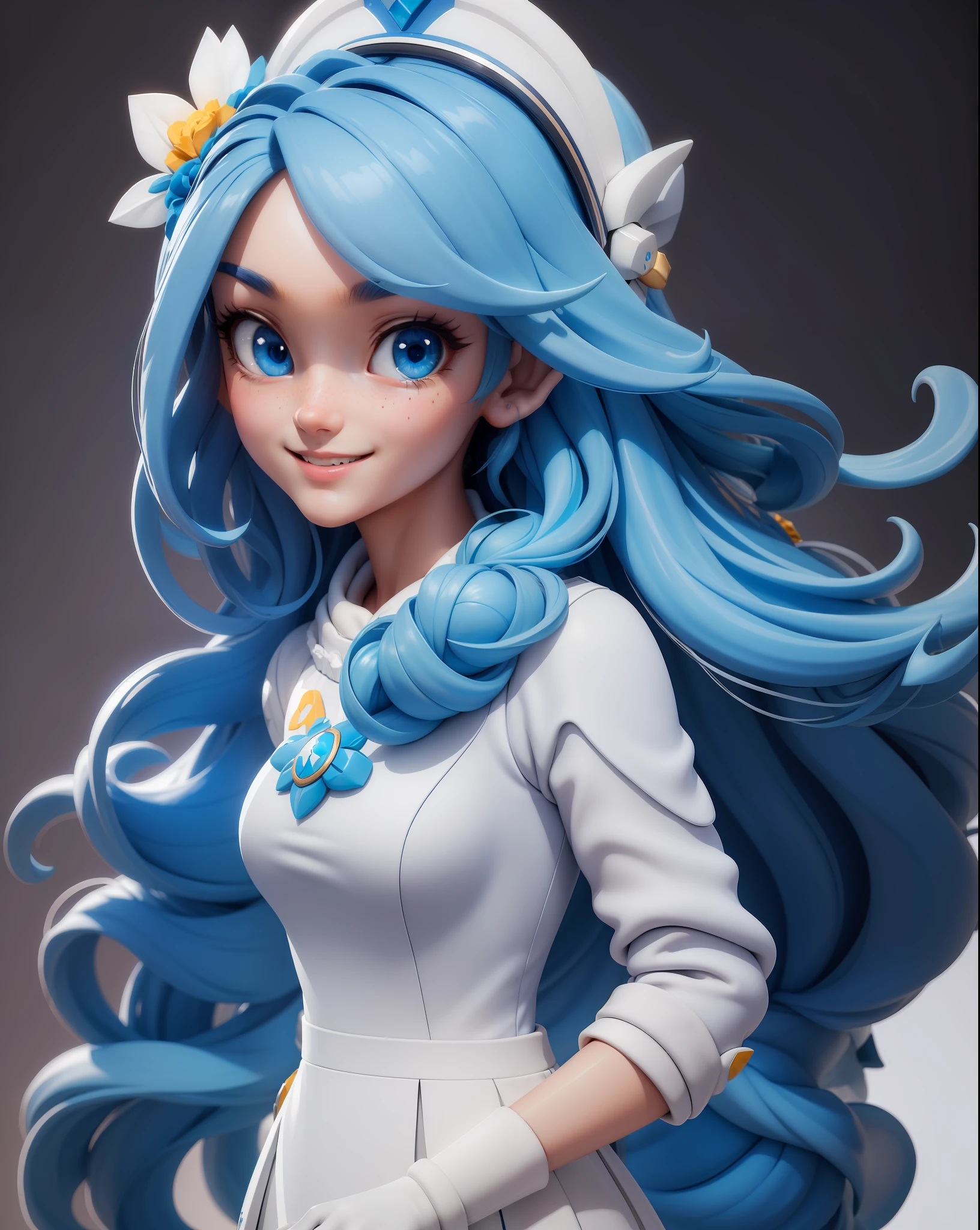 (masterpiece:1.5), (best quality:1.5), 3dmm,highres, highly detailed,3DG,1girl, big blue eyes, long blue hair, white headgear, smiling, looking at viewer, cute and girly\(idolmaster\), 3d rendering, octane rendering, subsurface scattering skin, soft and bright lighting, clear focus, clean background, perfect face, perfect eyes,