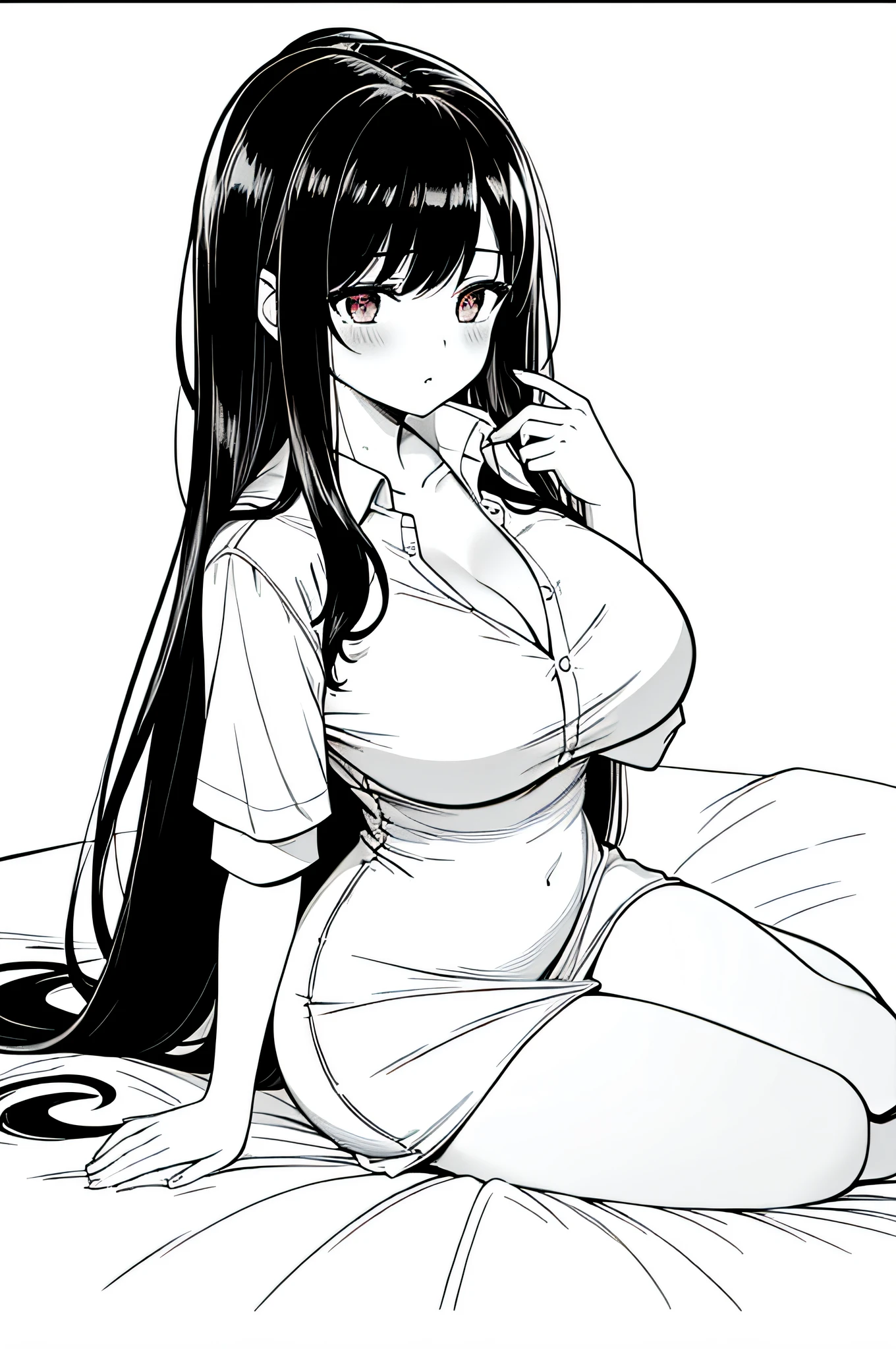 Masterpiece, best quality, (detailed background), high contrast, 1 girl, full body, (white background: 1.5), clean line drawings, black hair, open shirt, very long hair in bed, best quality, blush, roll your eyes, look at the audience, teacher, big seduction, busty body, 8K, open chest dress sexy