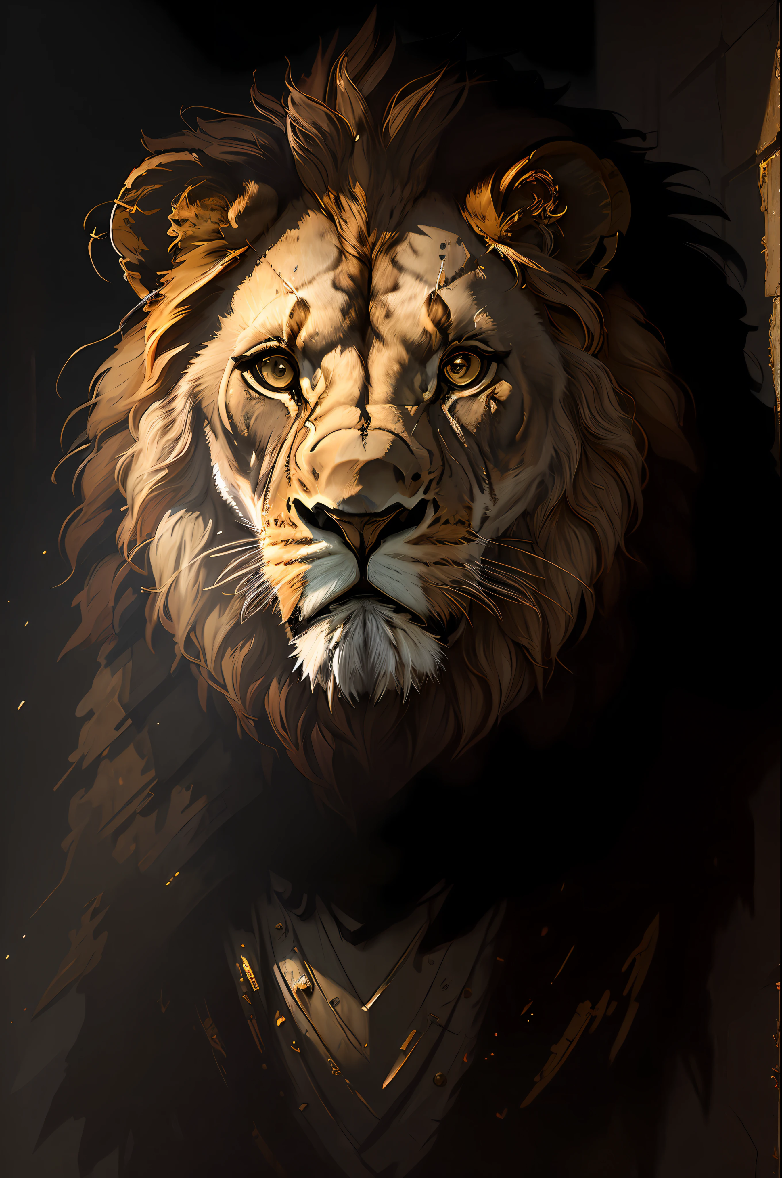 masterpiece, best quality, ((well detailed lion)), (extremely detailed 8k CG unit wallpaper), professional majestic oil painting by Ed Blinkey, Atey Ghailan, Studio Ghibli, by Jeremy Mann, Greg Manchess, Antonio Moro, trend in ArtStation, trends in CGSociety, Intricate, High Detail, Sharp Focus, dramatic and photorealistic painting art by midjourney and greg rutkowski