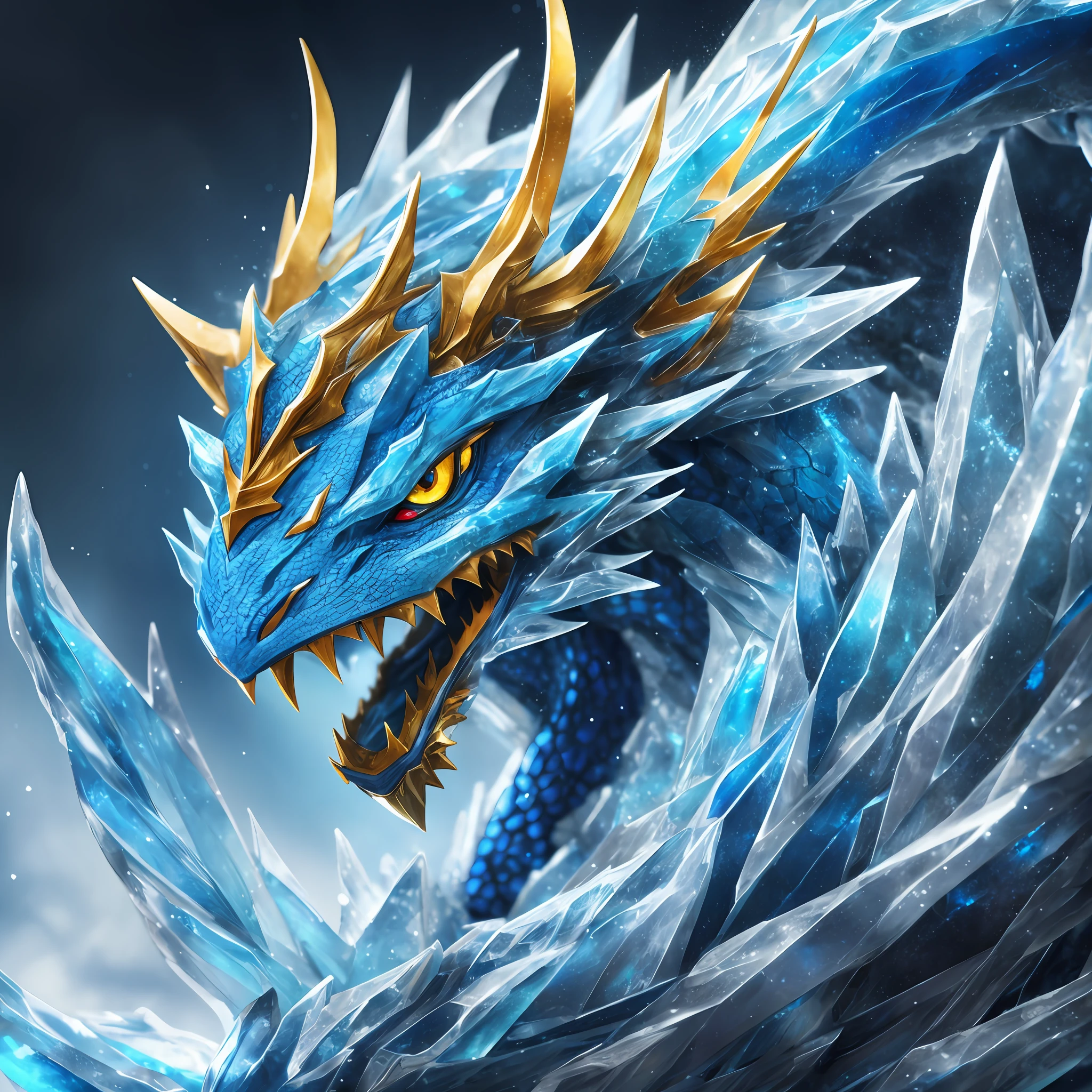 Blue dragon made of ice, yellow eyes, portrait, cinematic focus, ultra detailed, 8k quality, vivid colors --auto --s2